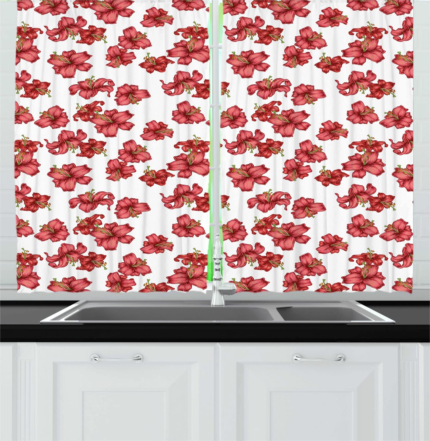 Ambesonne Floral Long Kitchen Curtains - Vintage Blooming Lily Flowers Design on Plain Background, 2 Panel Drapes with Rod Pocket, 55