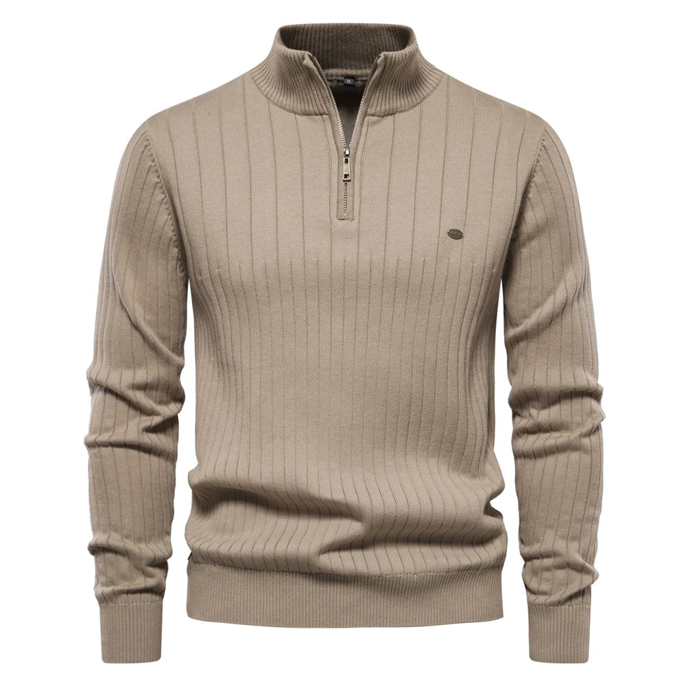 Men's Autumn Winter Cotton Knit Stand Collar Zipper Pullover Sweater - High Quality Warm Casual Wear for Outdoor & Office