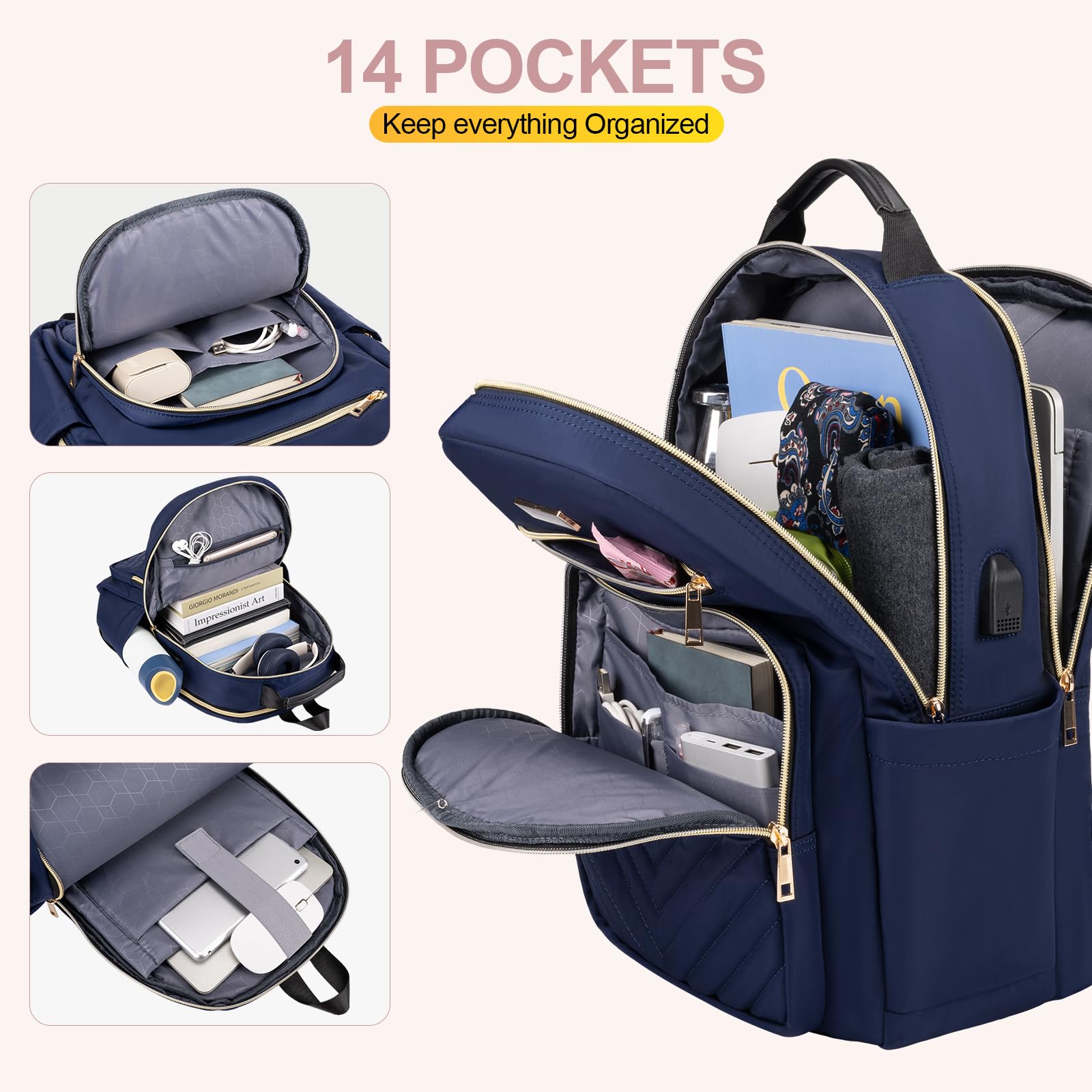 Stylish Women's Laptop Backpack with USB Charging Port - 15.6 Inch Waterproof Travel Backpack for Work & Business Trips - Fits Under Airplane Seat & Attaches to Luggage - Perfect for Commuting, College & Business Travel (Blue)