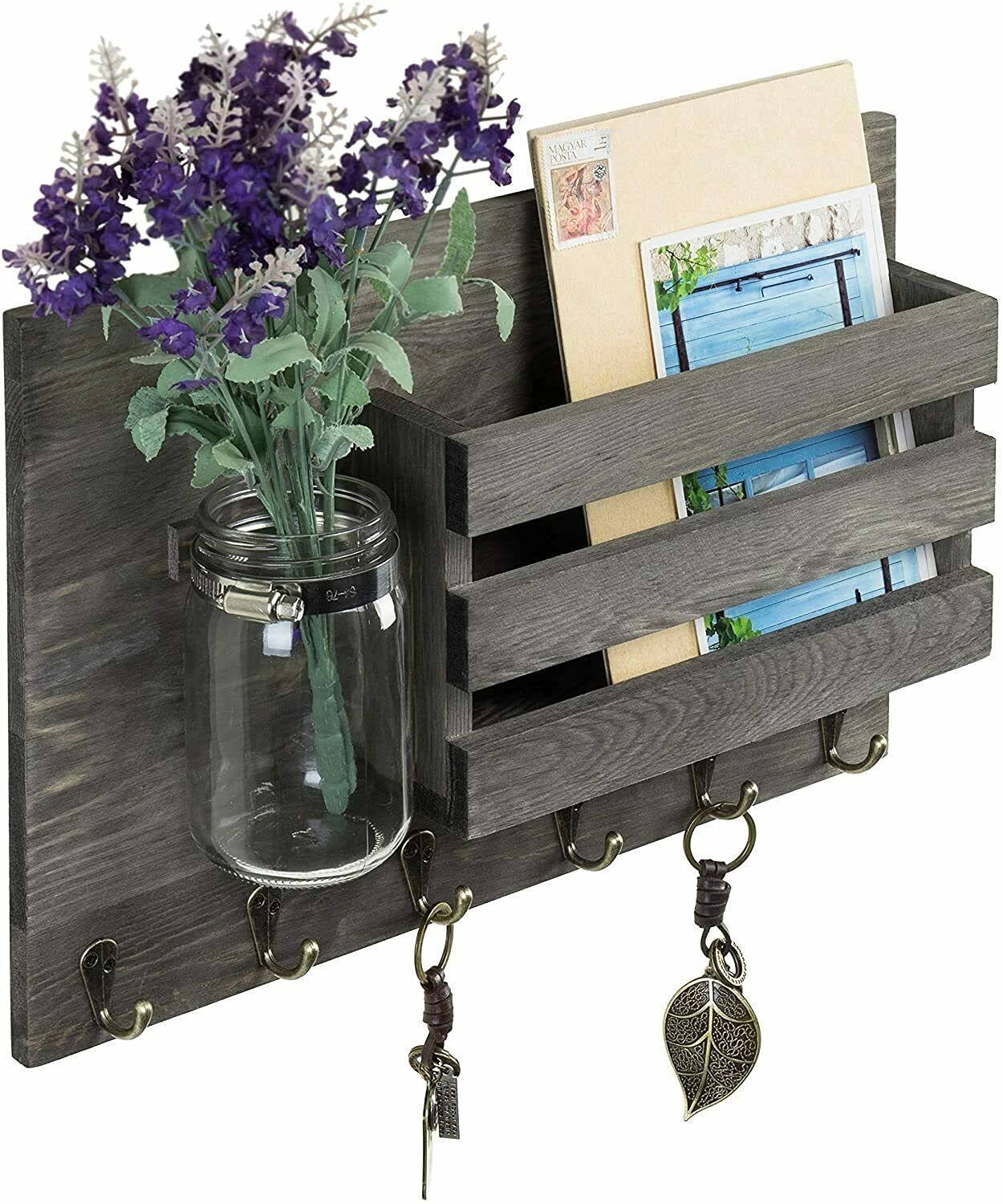 Vintage Grey Wood Wall Mounted Mail Organizer with 6 Key Hooks & Mason Jar - Rustic Entryway Storage for Letters, Keys & Small Items - Perfect for Farmhouse, Apartment or Office Decor
