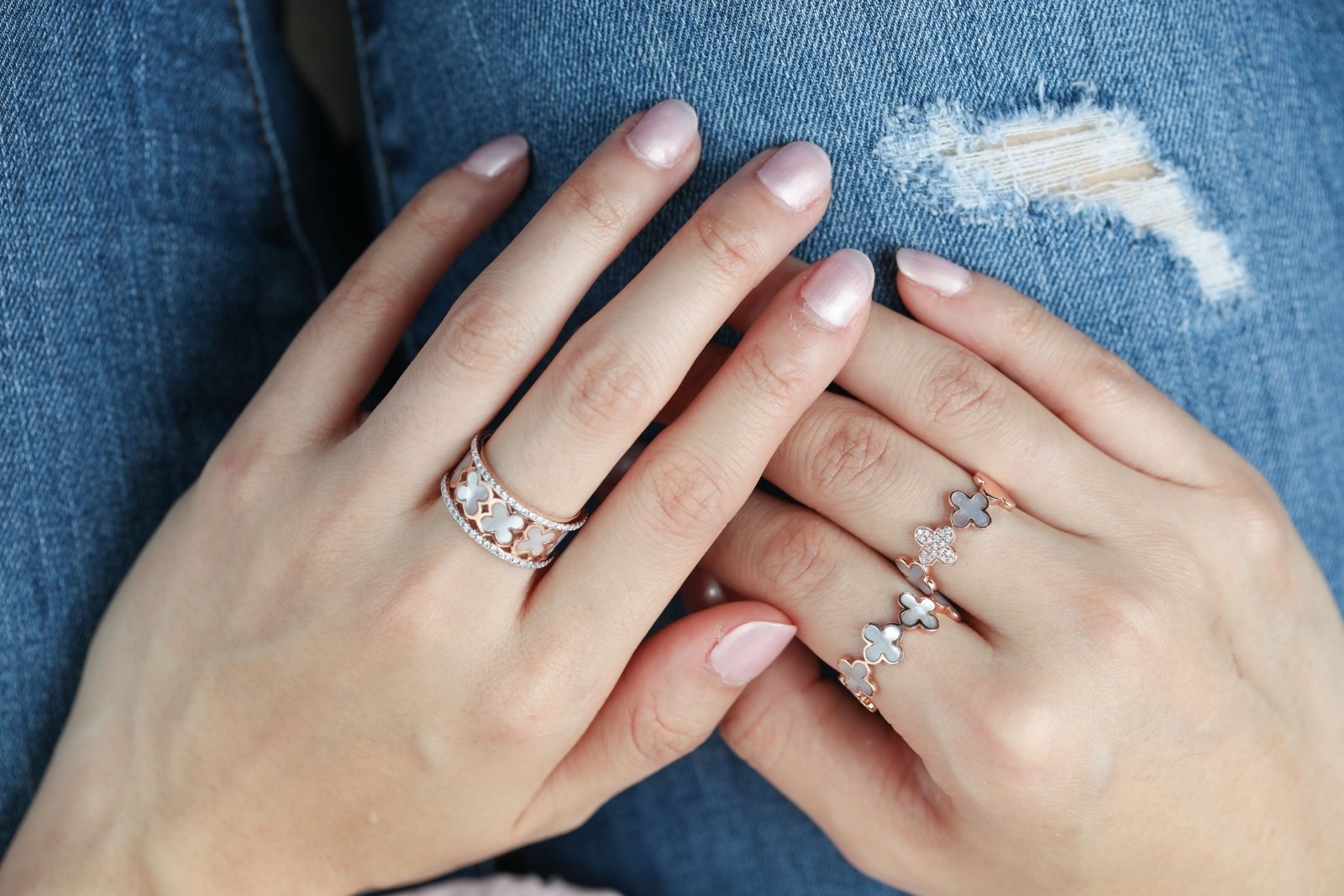 14k Rose Gold Diamond and Mother of Pearl Clover Eternity Ring - Elegant Stackable Band for Weddings, Anniversaries & Everyday Wear