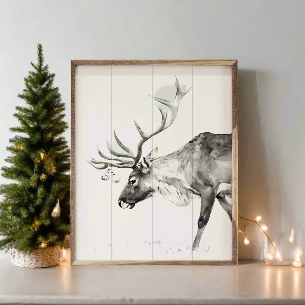 Christmas Reindeer Wood Framed Wall Art - Holiday Home Decor for Living Room, Bedroom & Office - Festive Winter Decorations Gift Idea