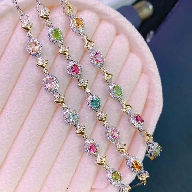 925 Sterling Silver Tourmaline Gemstone Chain Bracelet for Women - Elegant Adjustable Jewelry Gift for Birthday, Anniversary & Special Occasions