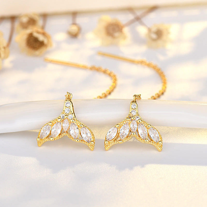 Tiny Mermaid Tail Diamond Threader Earrings - Delicate Silver Dainty Earrings for Women | Perfect for Beach Parties, Mermaid Themed Events & Everyday Wear | A8449
