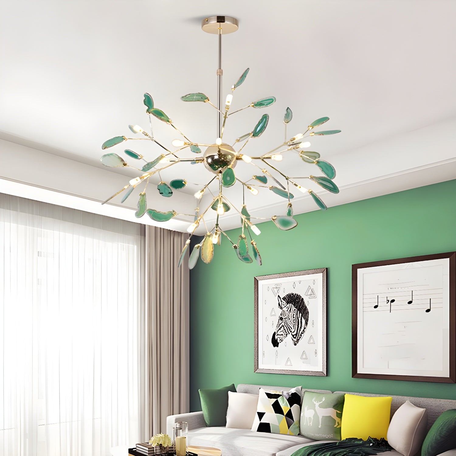 Elegant Agate Flake Crystal Chandelier - Handcrafted Natural Stone Pendant Light Fixture for Dining Room, Living Room & Bedroom Decor