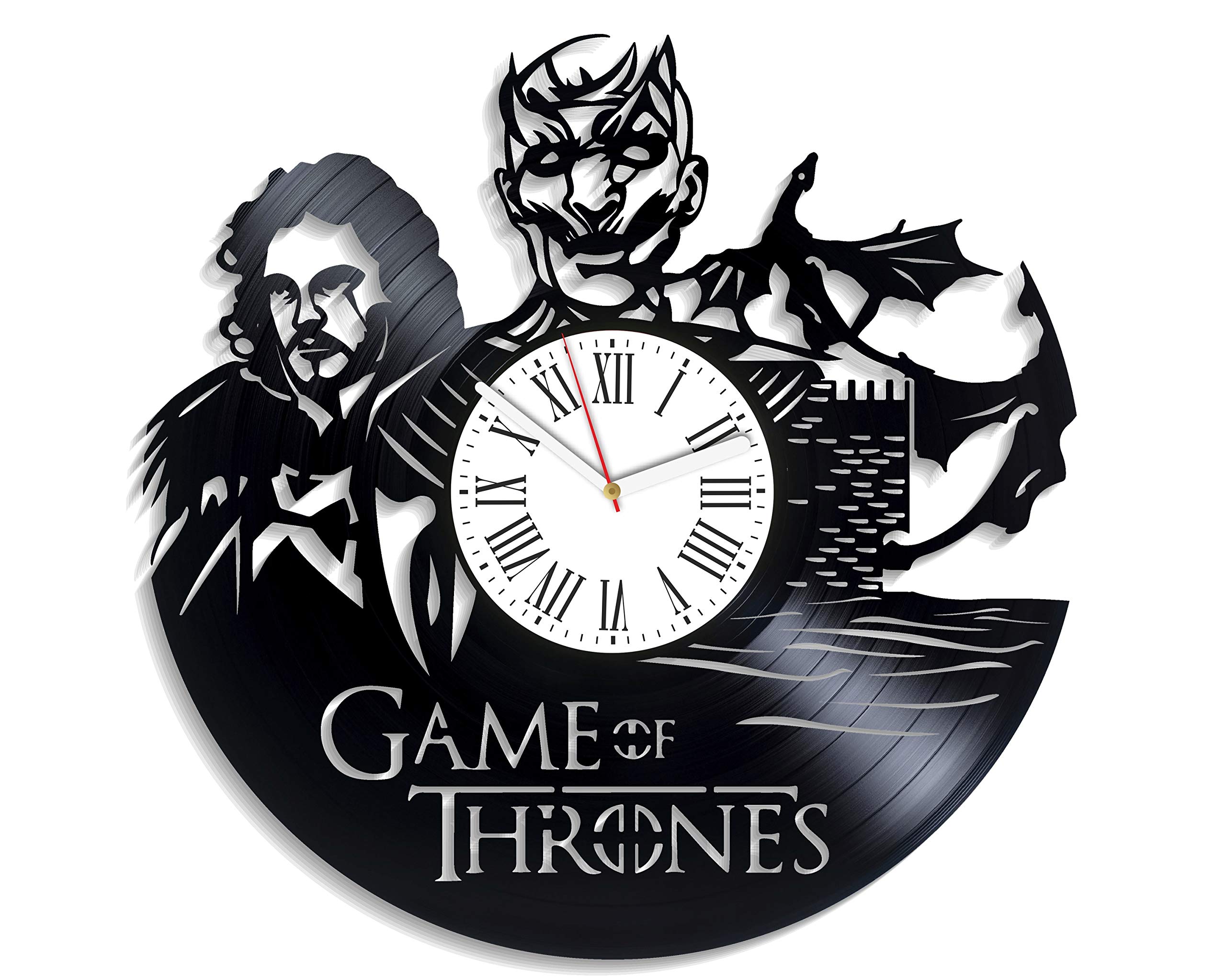 Vintage Game of Thrones Wall Clock - Handmade Vinyl Record Clock with Night King & Jon Snow Art - Unique GOT Decor for Nursery, Living Room, or Man Cave - Perfect Birthday Gift for Fans (Large Retro Wall Clock)