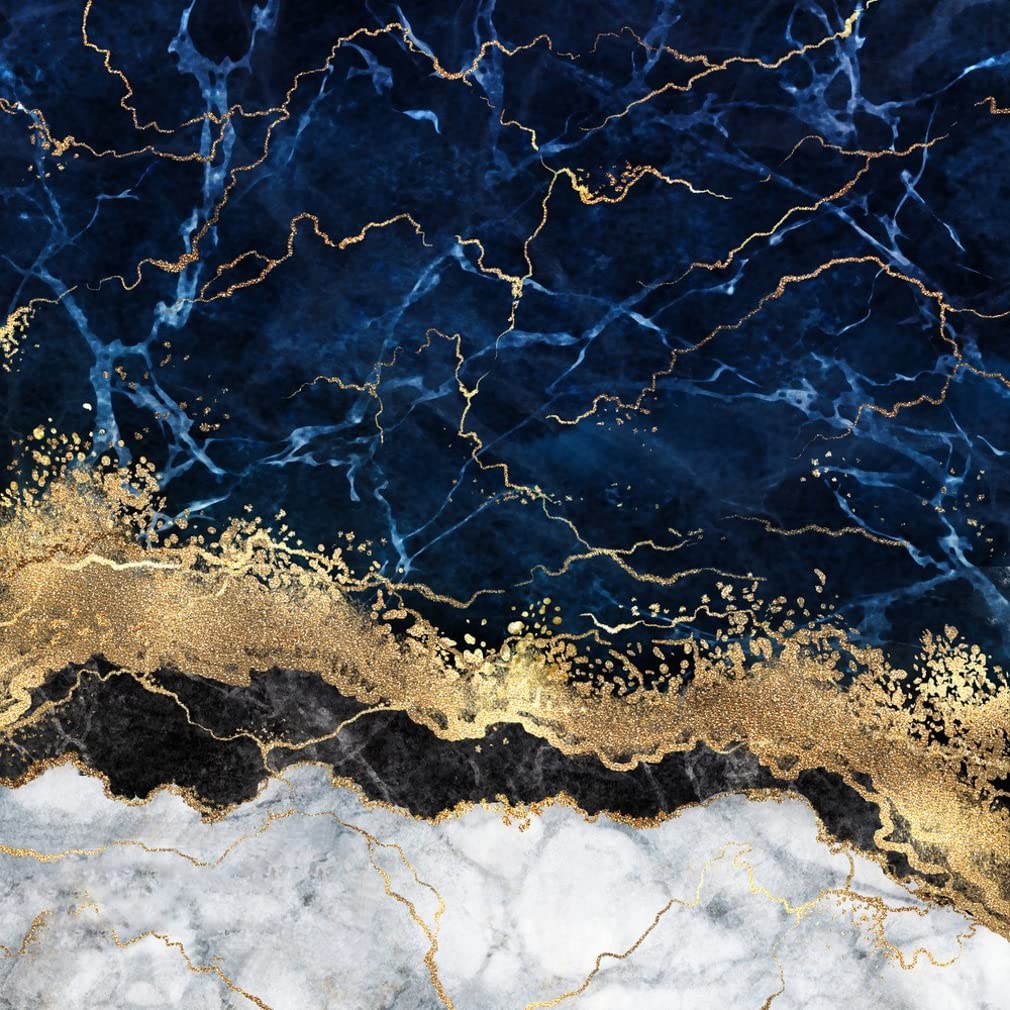 6x6 Navy Gold Square Marble Pattern Modern Abstract Area Rug - Non-Slip Indoor Carpet for Living Room, Bedroom, Kitchen, Dining Room, Home Office, Farmhouse, Laundry & Bathroom | Soft Floor Mat for Home Decor & Comfort