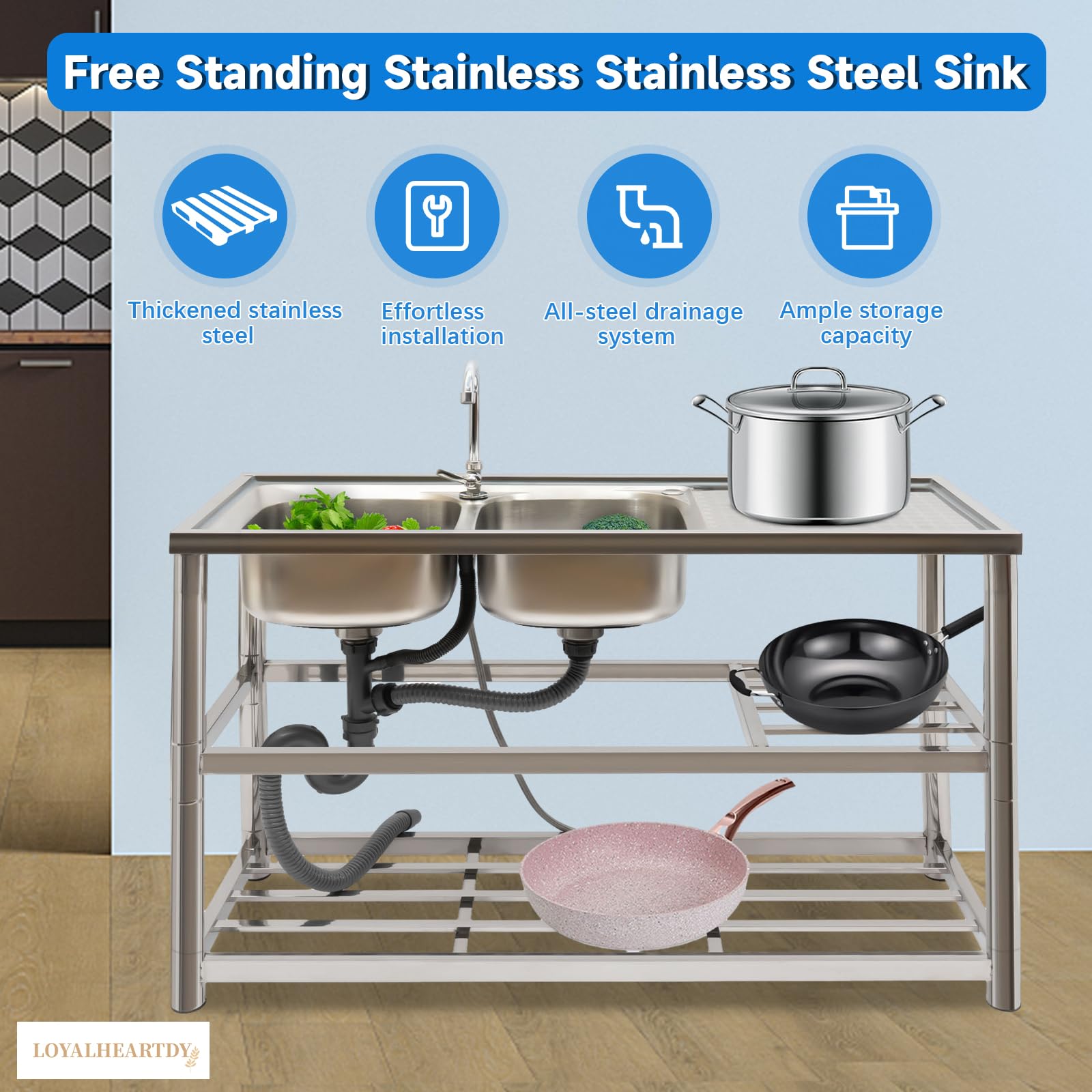 Commercial Stainless Steel Kitchen Sink Set with Double Bowls - Spacious Restaurant-Grade Sink Kit for Professional Kitchens, Food Trucks & Outdoor Cooking Areas