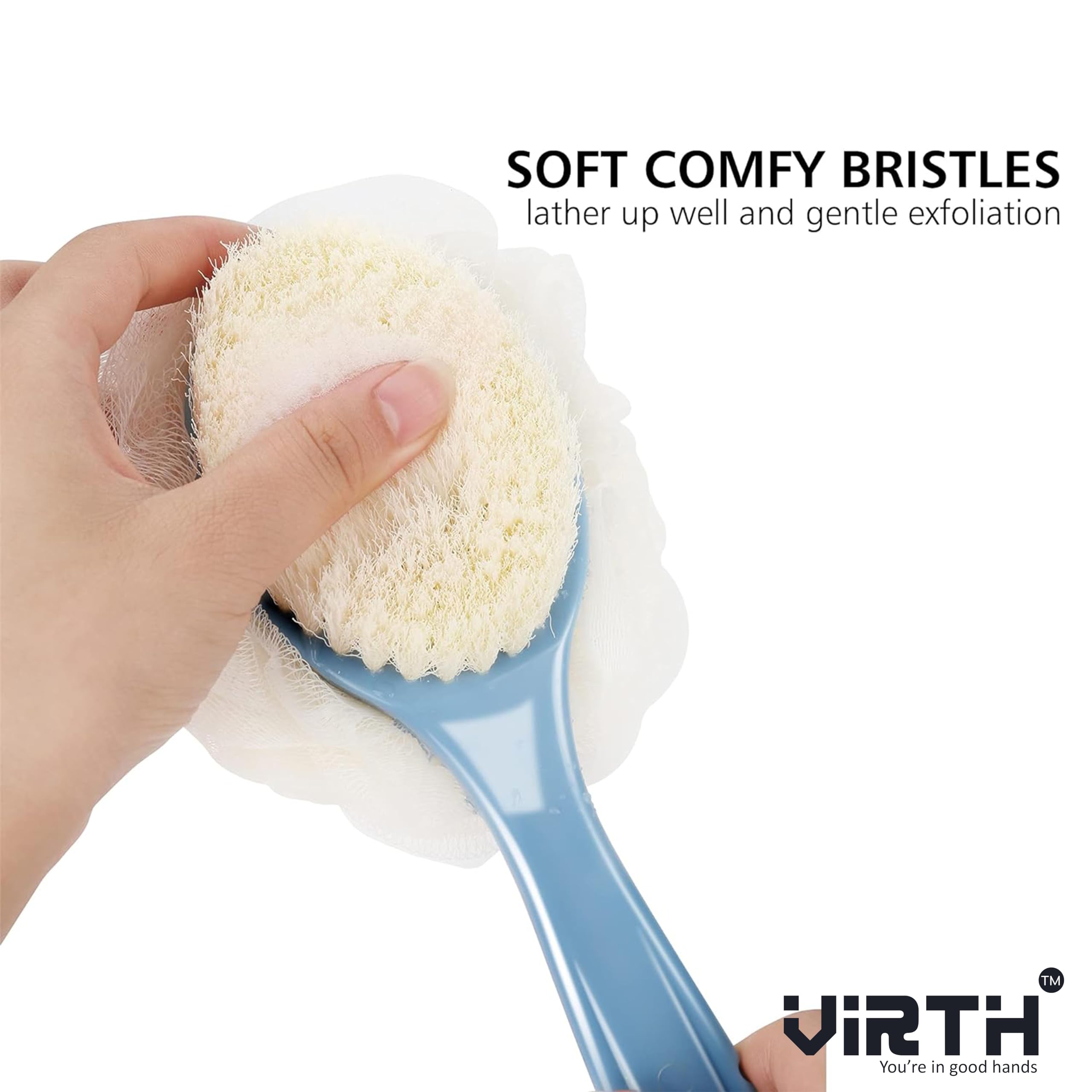 Virth® 2-in-1 Bath & Body Brush with Soft Loofah & Bristles - Long Handle Back Scrubber for Wet/Dry Use - Exfoliating Shower Brush for Women & Men - Perfect for Face, Body & Spa Care - Ideal for Deep Cleansing & Relaxing Bath Time