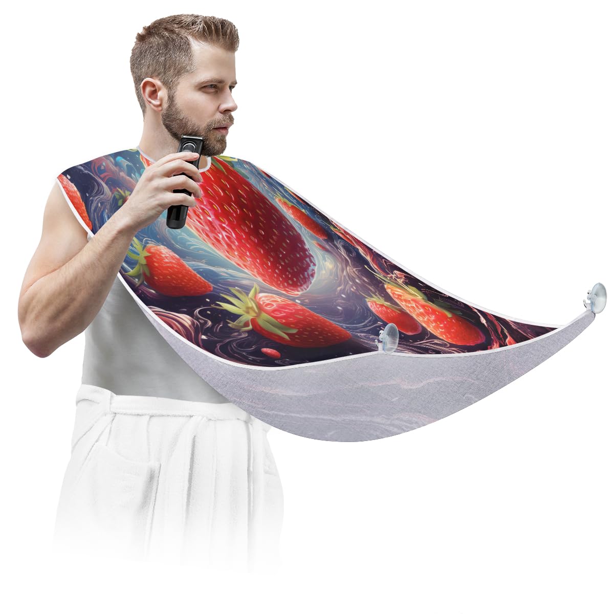 Stylish Strawberry Print Shaving Bib for Men - Waterproof Beard Trimming Apron, Hair Dye Cape & Makeup Artist Accessory - Perfect for Barbershops, Home Grooming & Salon Use