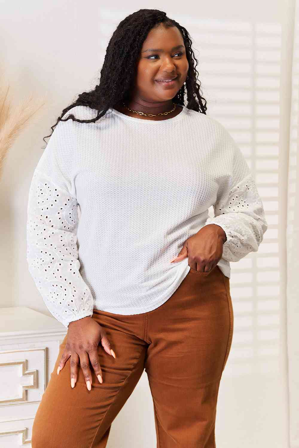Elegant White Eyelet Dropped Shoulder Round Neck Blouse for Women - Perfect for Summer Outfits, Office Wear & Casual Dates