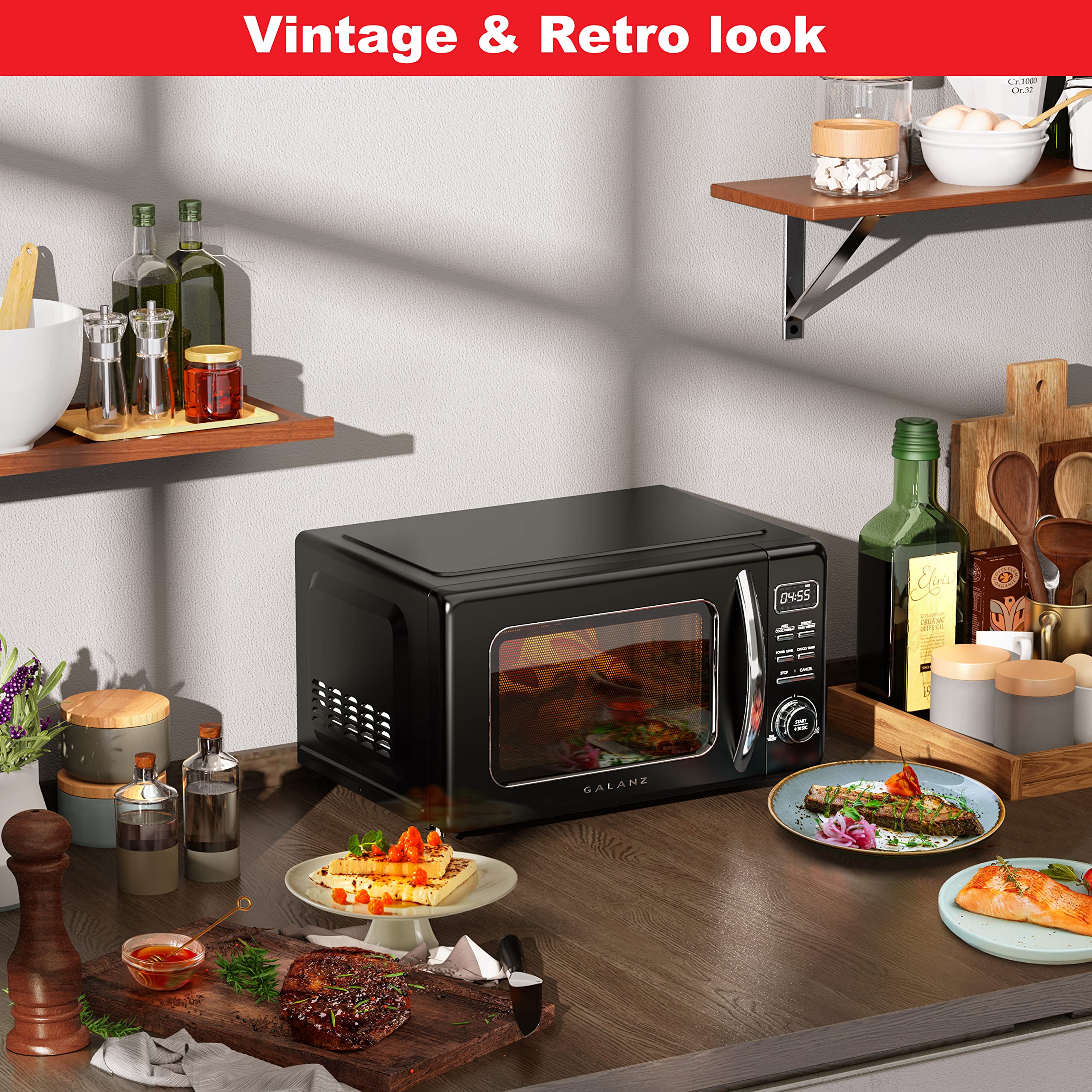 **Galanz GLCMKZ09BKR09 0.9 cu ft Retro Black Countertop Microwave Oven – Auto Cook, Reheat, Defrost & Quick Start – Easy Clean Glass Turntable & Pull Handle – Perfect for Dorms, Apartments & Small Kitchens**