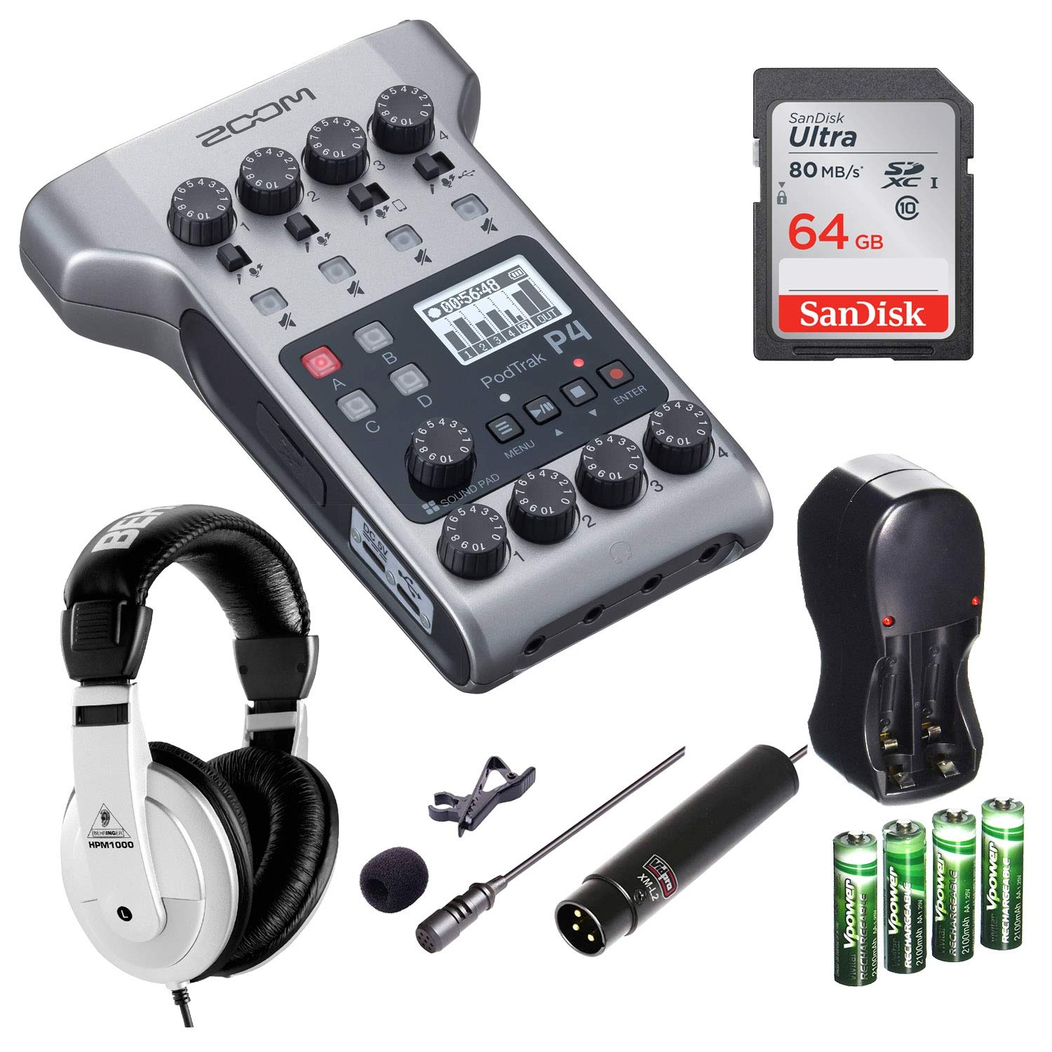 Zoom PodTrak P4 Portable 4-Channel Podcast Recorder Kit with 64GB SD Card, Headphones & Lavalier Mic - Perfect for Home Studio, Field Recording & Remote Interviews