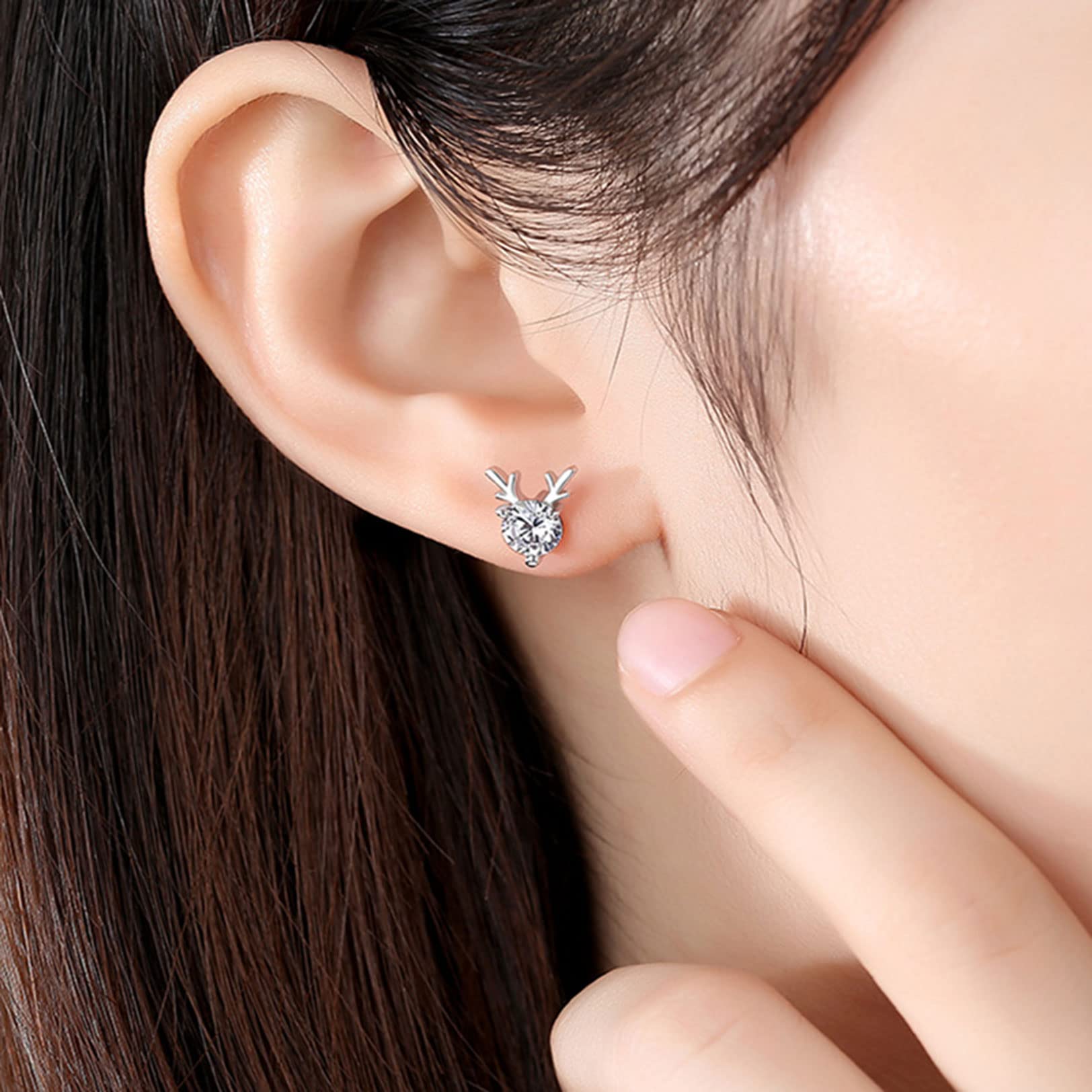 925 Sterling Silver Reindeer Earrings for Women - Hypoallergenic CZ Deer Antler Studs, Christmas & Birthday Gifts for Girls and Ladies - Perfect for Holiday Parties, Office Celebrations and Festive Outfits