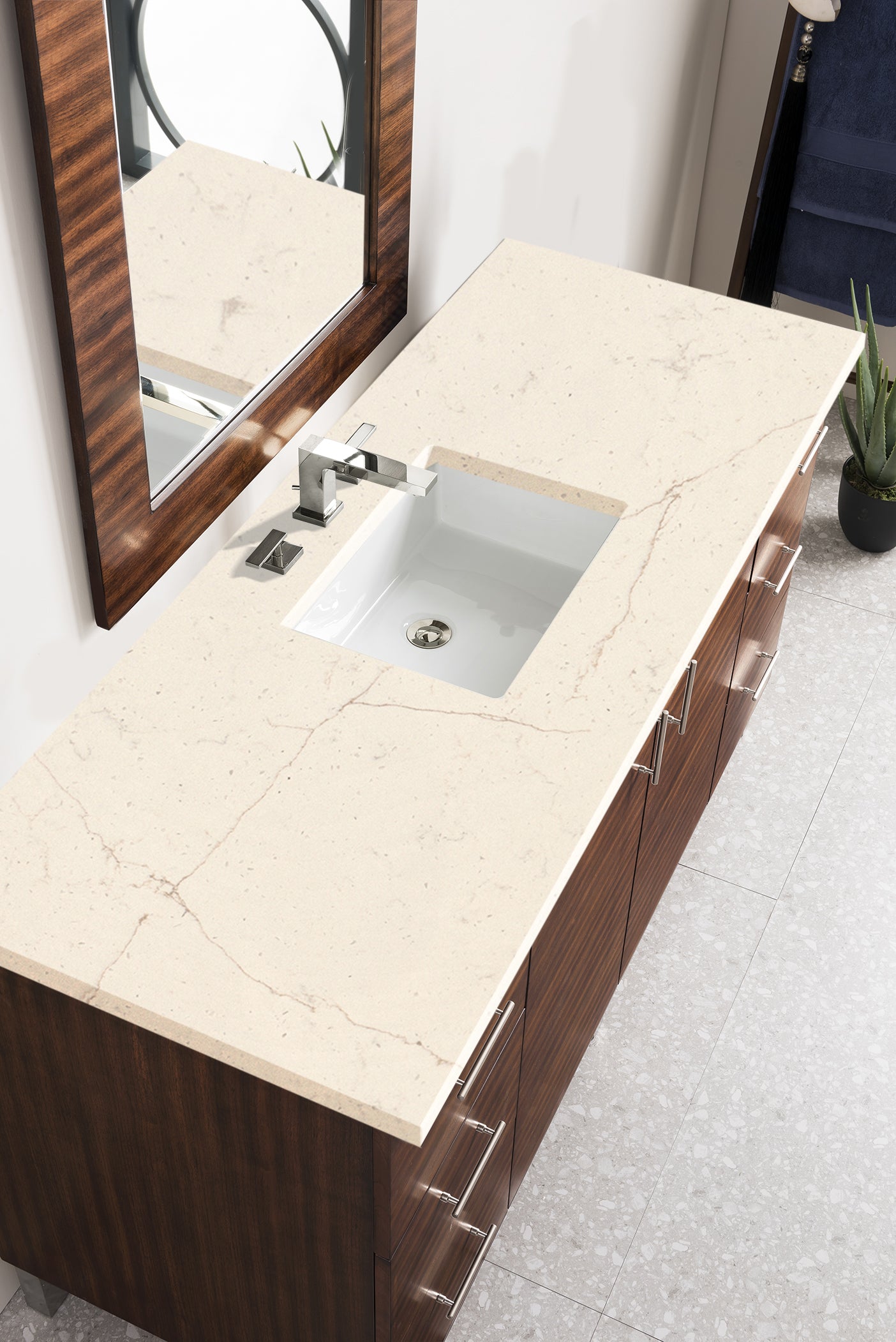 Metropolitan 60 Inch Single Bathroom Vanity with American Walnut Finish & 3CM Eternal Marfil Quartz Countertop - Perfect for Modern Master Bathrooms and Powder Rooms
