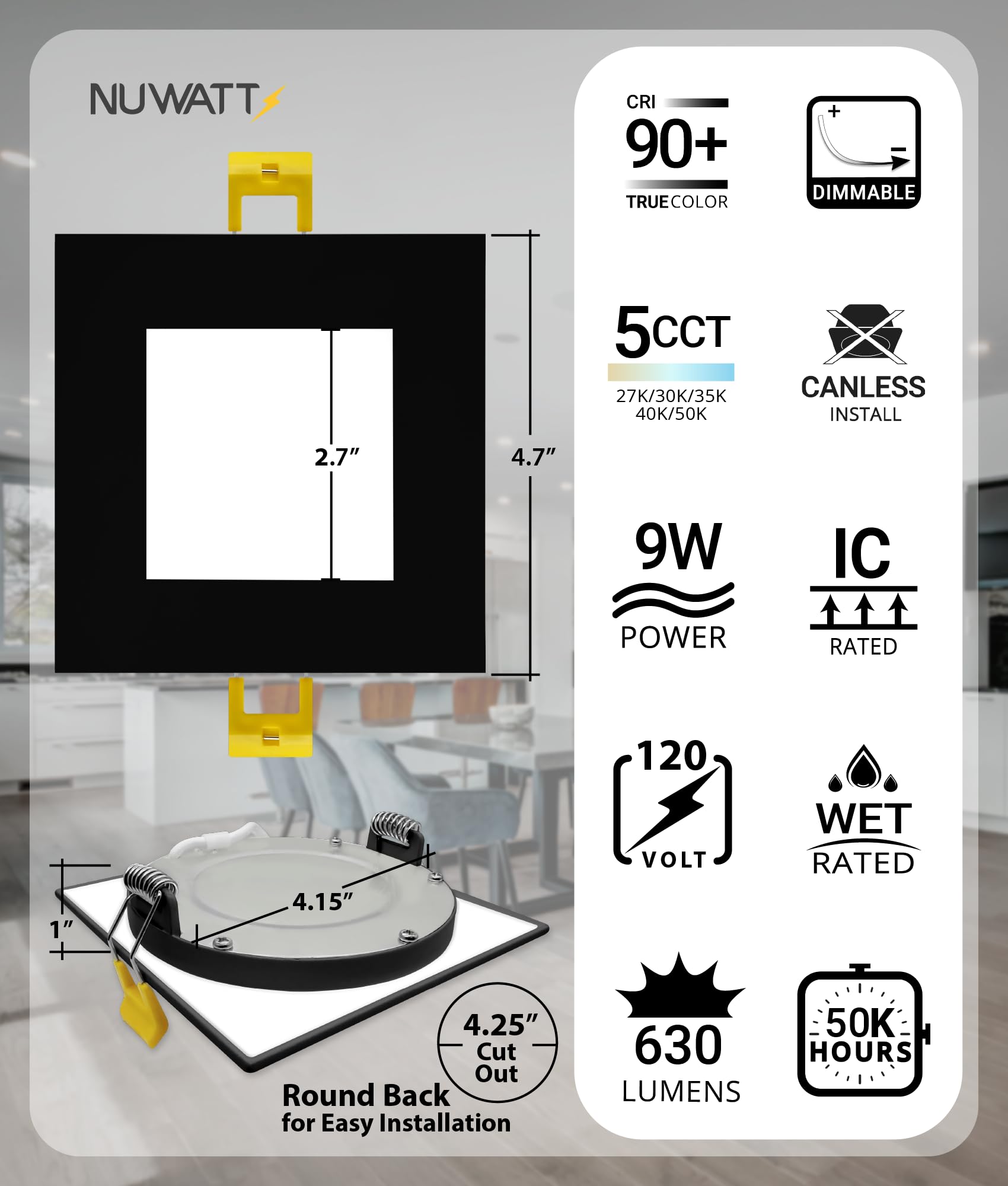 NUWATT 12 Pack 4 Inch Ultra-Thin LED Recessed Lights - Dimmable Canless Wafer Lights with Selectable Color Temperature (2700K-5000K), 630 Lumens, IC Rated, Black Slim Panel - Perfect for Bedrooms, Kitchens, and Living Rooms