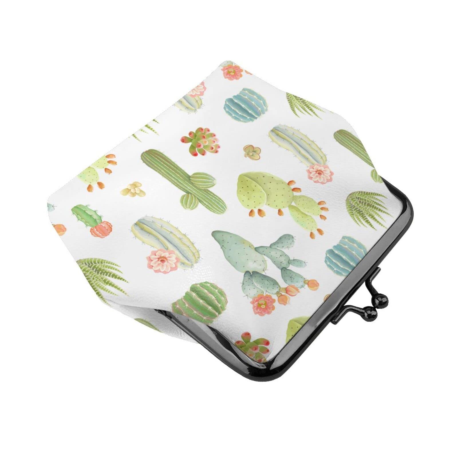 Women's Cactus Print PU Leather Wallet - Small Coin Purse with Kiss Lock & Card Holder, Ladies Mini Clutch Purse for Everyday Use, Travel & Shopping Accessories