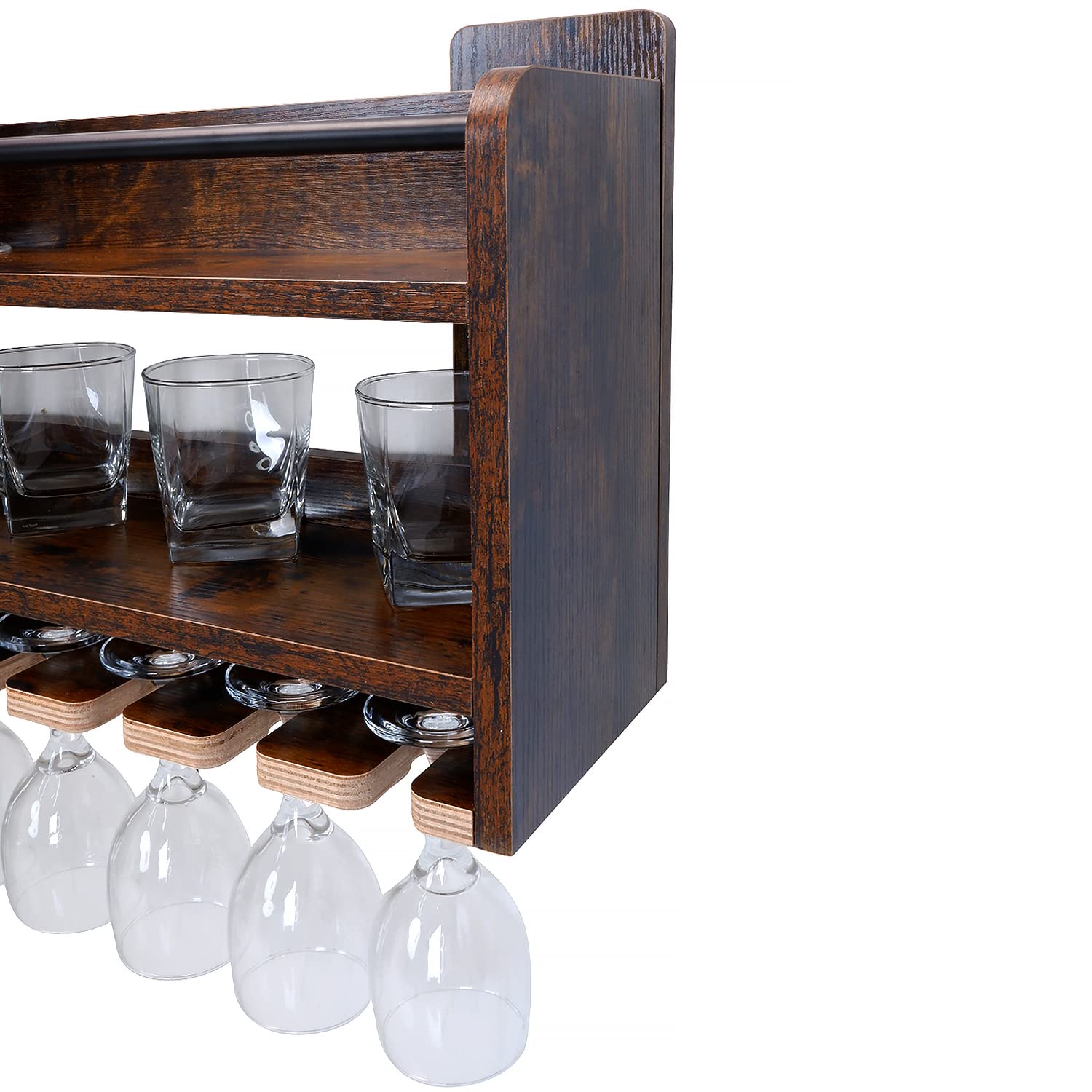 Rustic Farmhouse Wall Mounted Wine Rack - Wooden Wine Shelf with 4-Bottle Storage & Stemware Holder - Perfect for Home Bar, Kitchen Decor, Dining Room, and Wine Cellar Organization