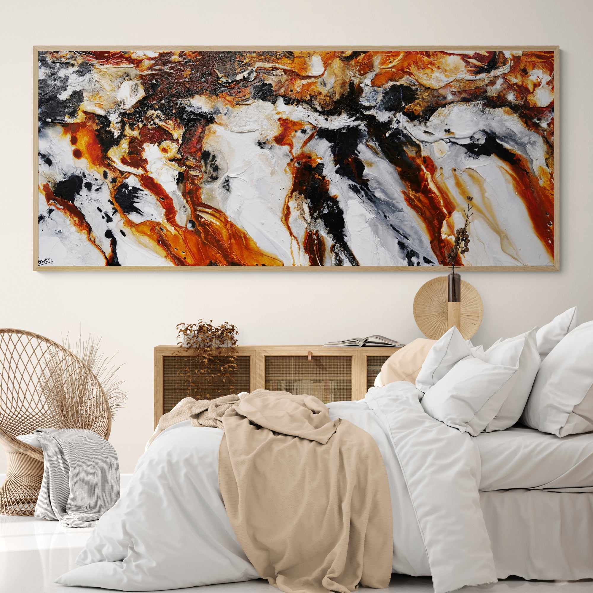 240cm x 100cm Rust Black White Textured Abstract Painting - Granite & Rust Inspired Wall Art for Modern Living Room & Office Decor