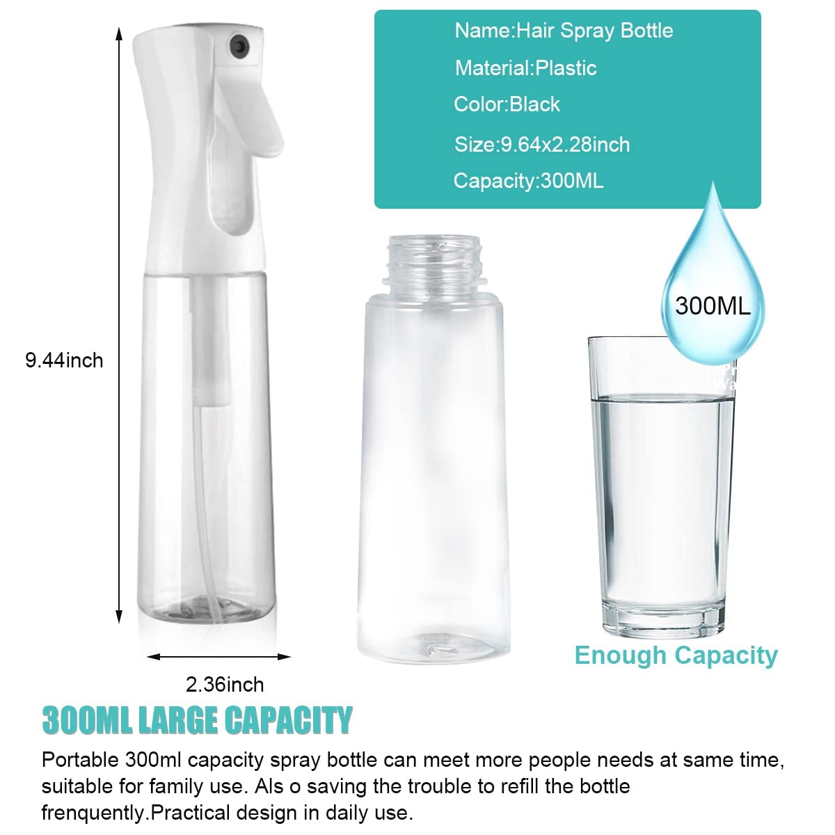 Kesig® 300ML White Continuous Water Spray Bottle for Hair Styling - Fine Mist Hair Spray Bottle, Automatic Plant Mister, Empty Spray Bottle for Salon, Skin Care & Cleaning | Perfect for Hairdressers, Home Plants & Beauty Routines