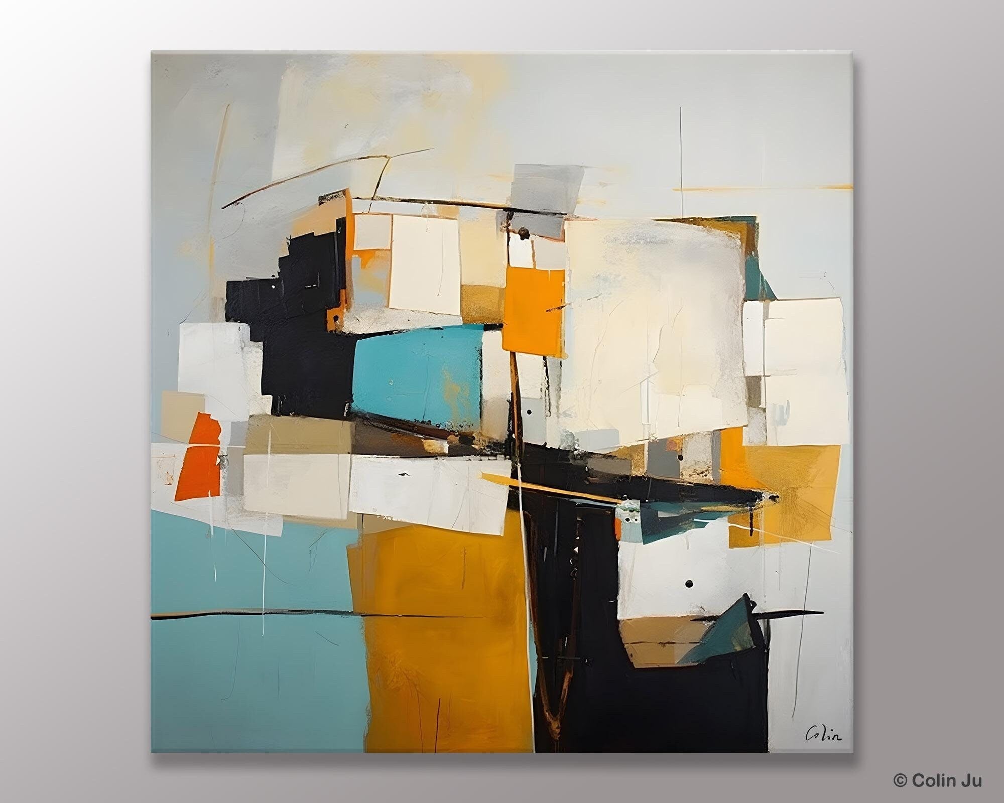 Modern Abstract Canvas Wall Art - Hand Painted Geometric Acrylic Painting - Large Contemporary Artwork for Living Room, Bedroom & Office Decor