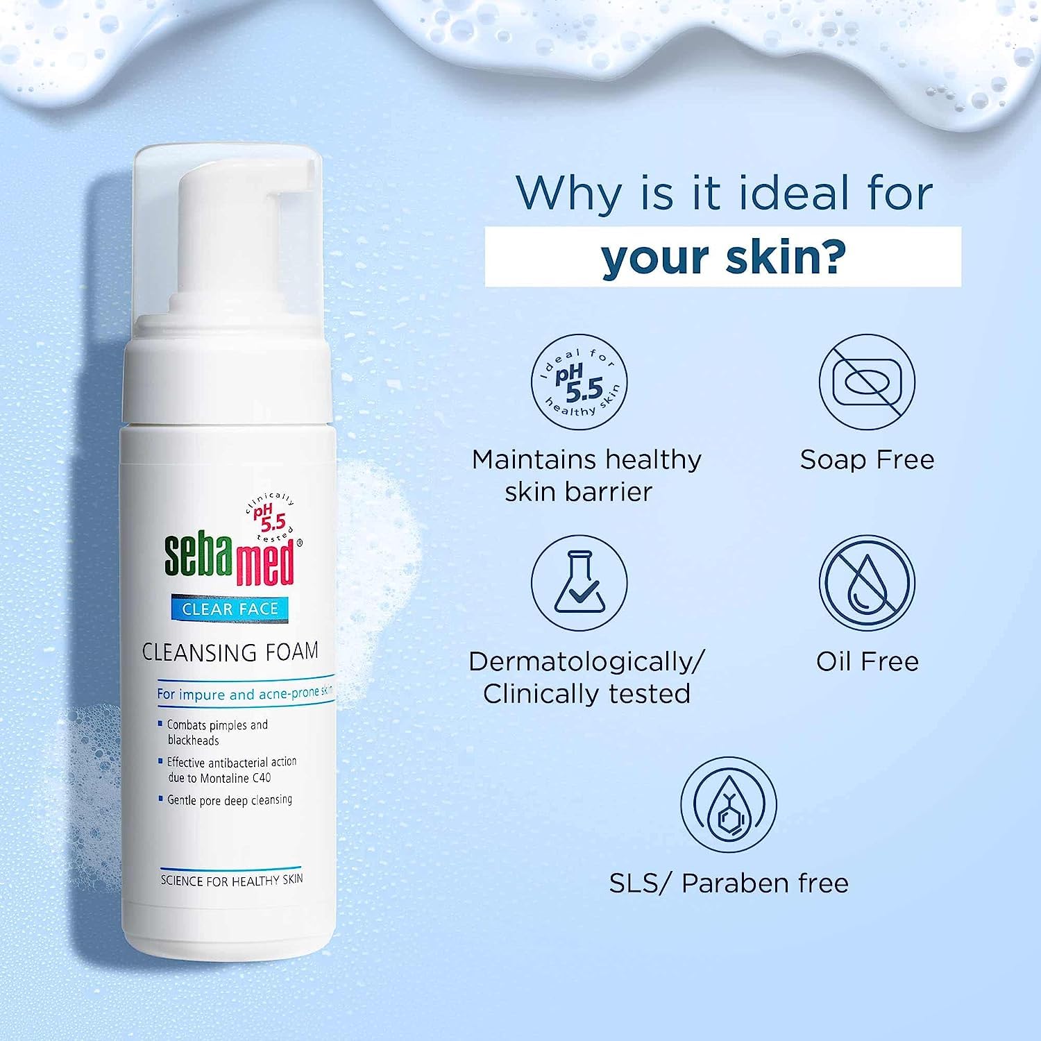 Minton Clear Face Foam 50ml | pH 5.5 Gentle Cleanser for Acne, Pimples & Blackheads | Montaline C40 Formula | Oil-Free Deep Pore Cleansing | Perfect for Daily Skincare Routine & Sensitive Skin