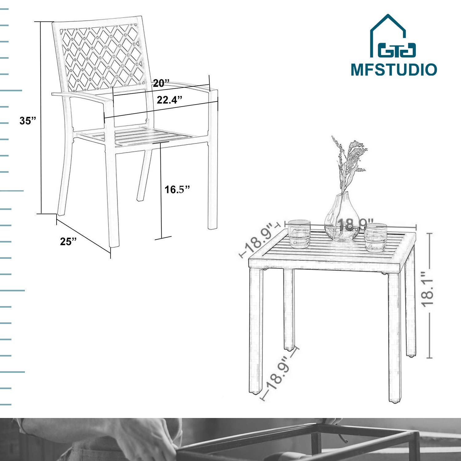 MFSTUDIO 3-Piece Black Metal Patio Bistro Set - Outdoor Dining Furniture with 2 Wrought Iron Chairs & Coffee Table - Perfect for Garden, Balcony, Backyard, and Poolside Relaxation