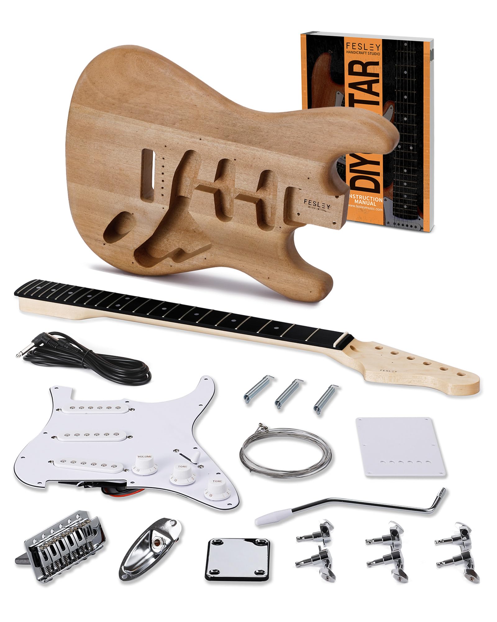 Fesley DIY Electric Guitar Kit - Mahogany Body & Maple Neck, 6-String ST Style Guitar with Techwood Fretboard & SSS Pickups - Perfect for Beginners to Build Their Own Custom Guitar | Great for Home Practice, Music Lessons & Rock Performances