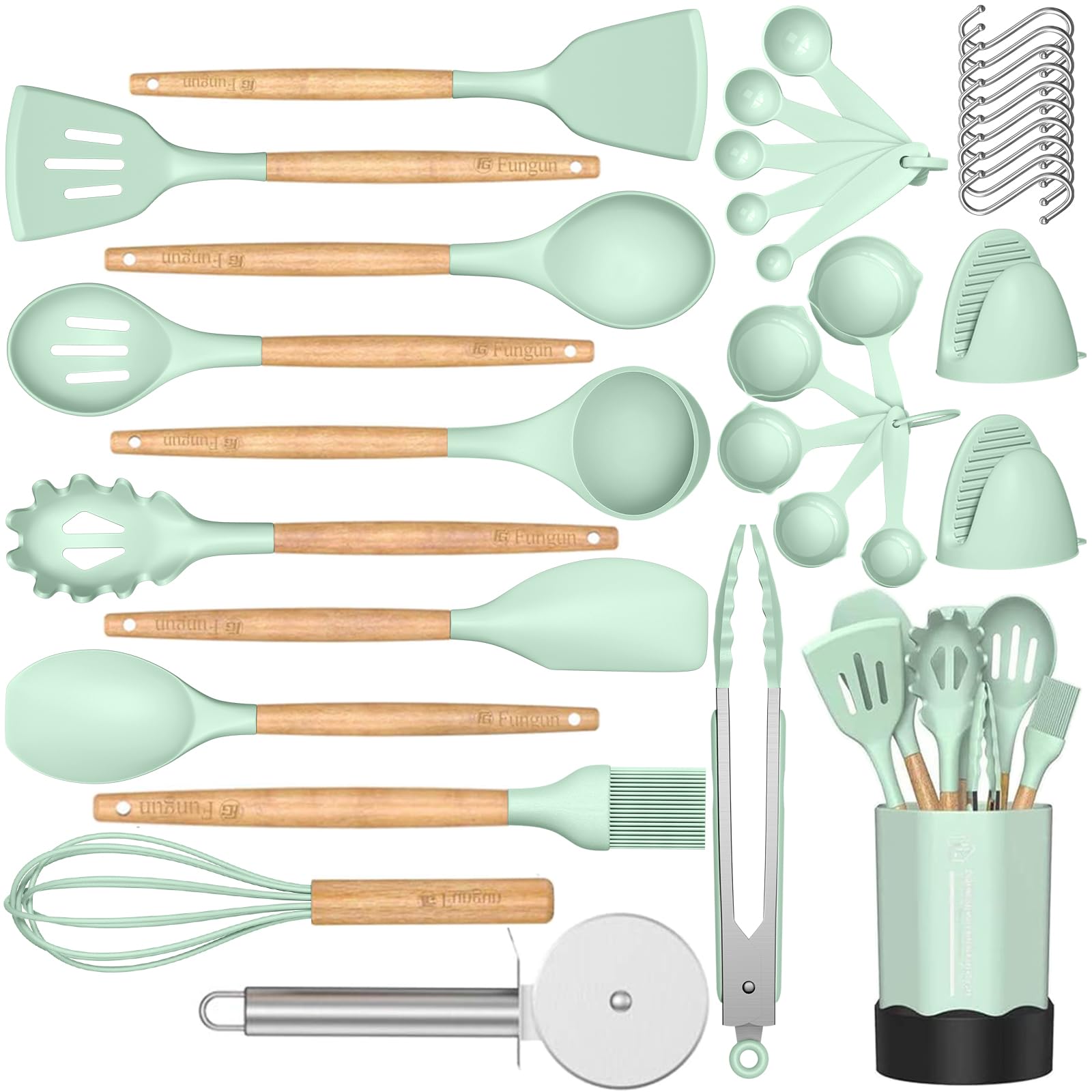 Premium 35-Piece Silicone Kitchen Utensil Set with Wooden Handles - Spoons, Spatulas, Turner, Tongs & Whisk - Non-Slip Cookware Gadgets with Holder - Perfect for Baking, Cooking & Grilling