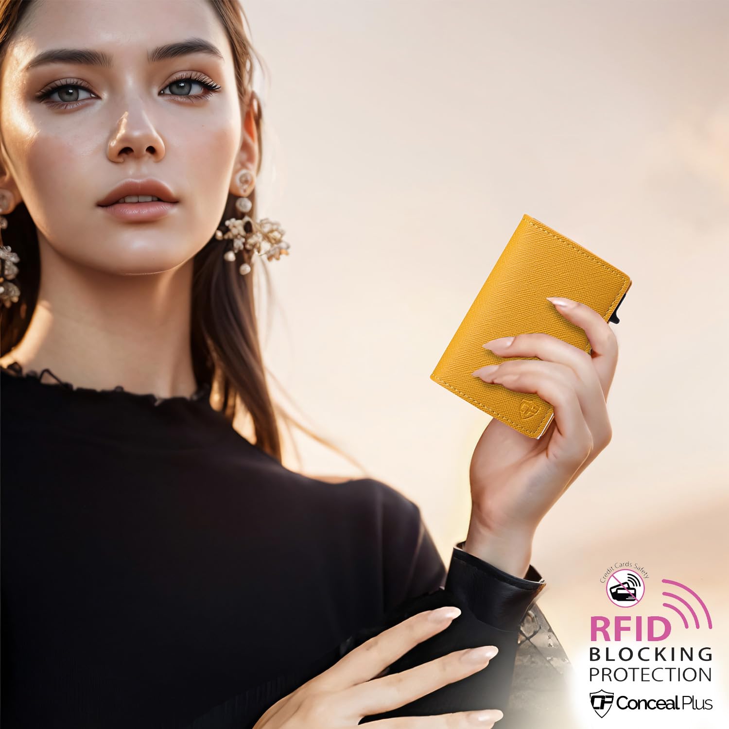 Slim RFID Blocking Wallet for Women - Anti-Theft Credit Card Holder with Pop-Up Design, Orange PU Saffiano Leather - Perfect for Small Purses & Everyday Use