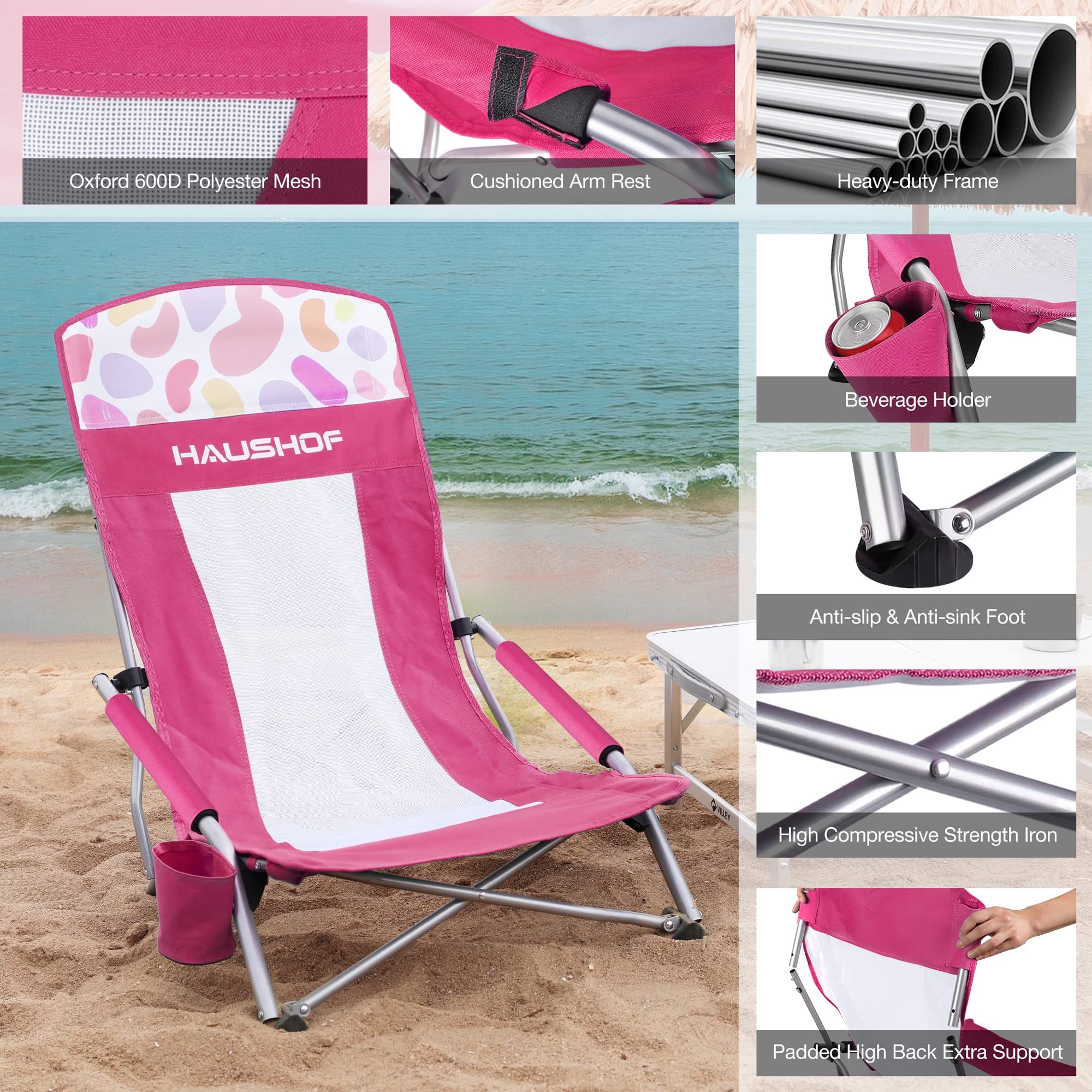 HAUSHOF 2-Pack High Back Beach Chairs - Lightweight Folding Camping Chairs with Mesh Back, Cup Holder & Carry Bag - Padded Armrest for Outdoor, Beach, Lawn, Camping, Picnic & Festival Use