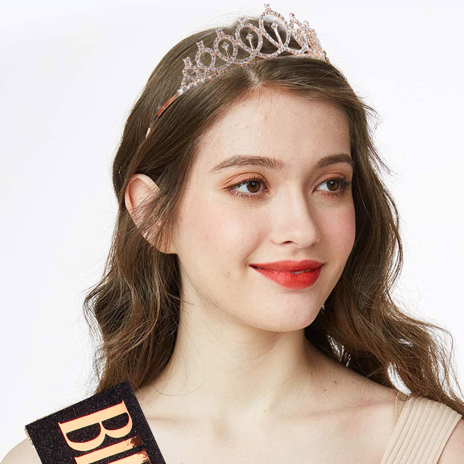 CIEHER Rose Gold Birthday Crown & Black Sash Set for Women - Elegant Crystal Tiara & Queen Crown for Birthday Parties, Decorations, and Special Celebrations - Perfect Birthday Gift for Women