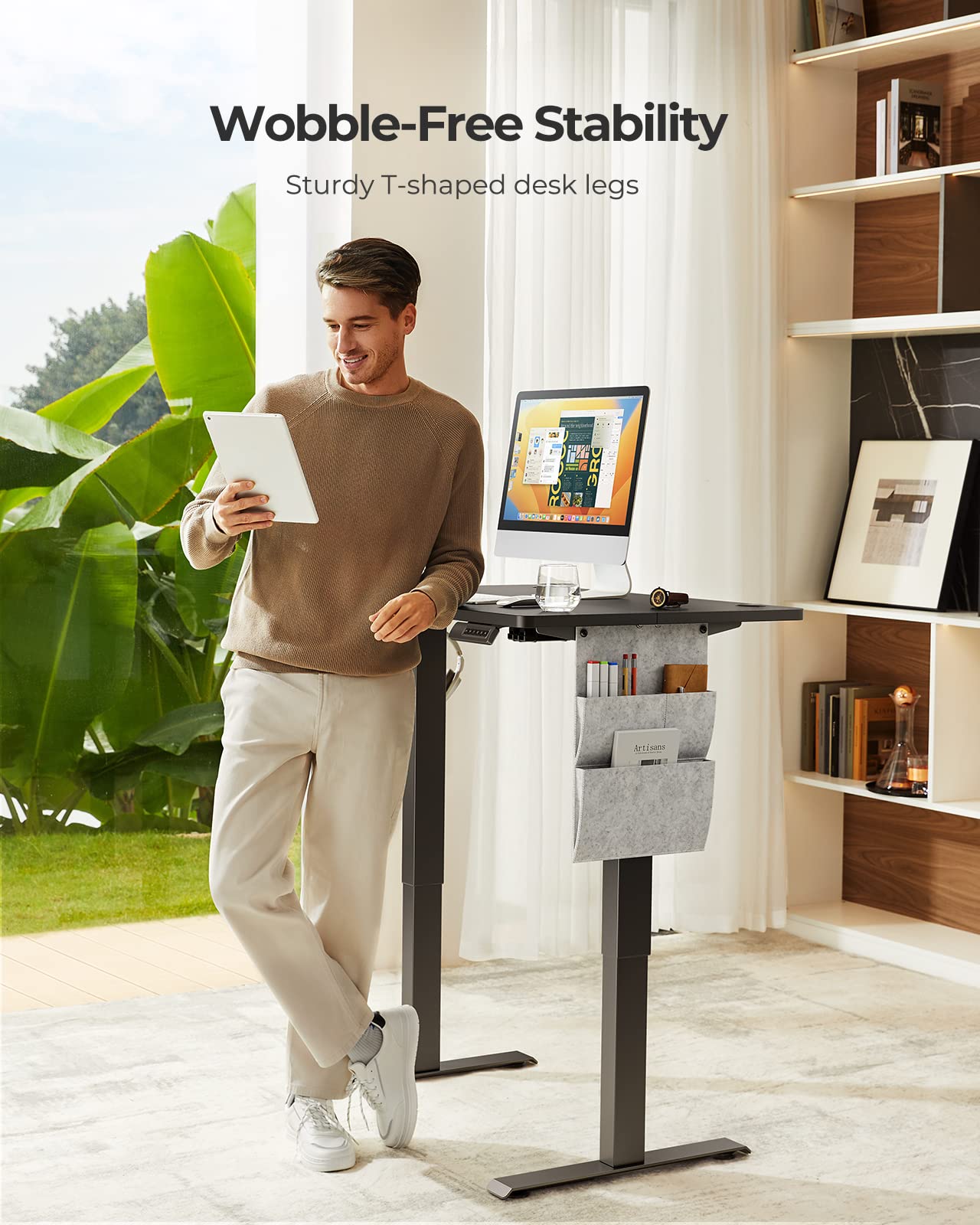 Marsail 48 x 24 Inch Electric Adjustable Height Standing Desk with Storage Bag - Sit Stand Desk for Home Office, Gaming & Workstation - 4 Memory Presets, Cable Management & Headphone Hook - Perfect for Remote Work, Video Calls & Ergonomic Workspace Setup