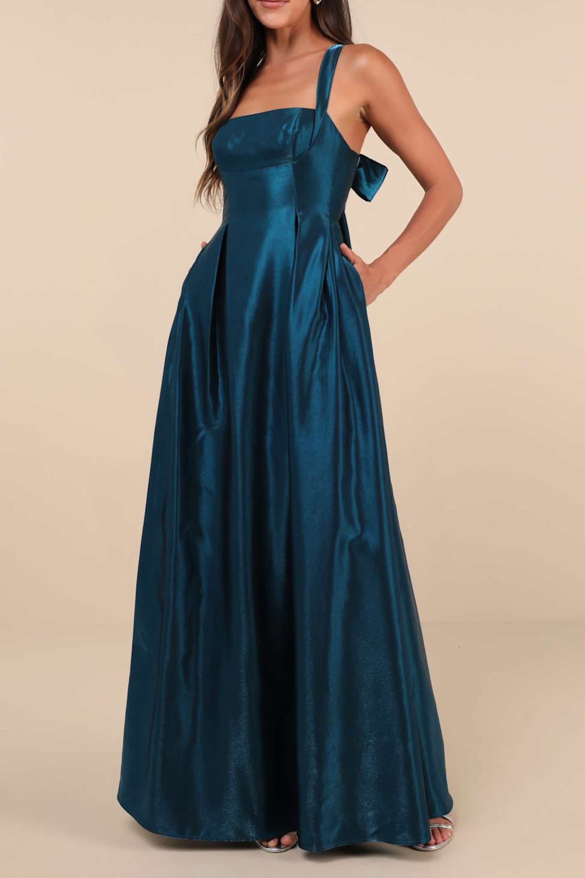 Shiny Dark Teal Taffeta Maxi Dress with Pockets - Elegant Formal Gown for Evening Parties, Weddings & Special Occasions