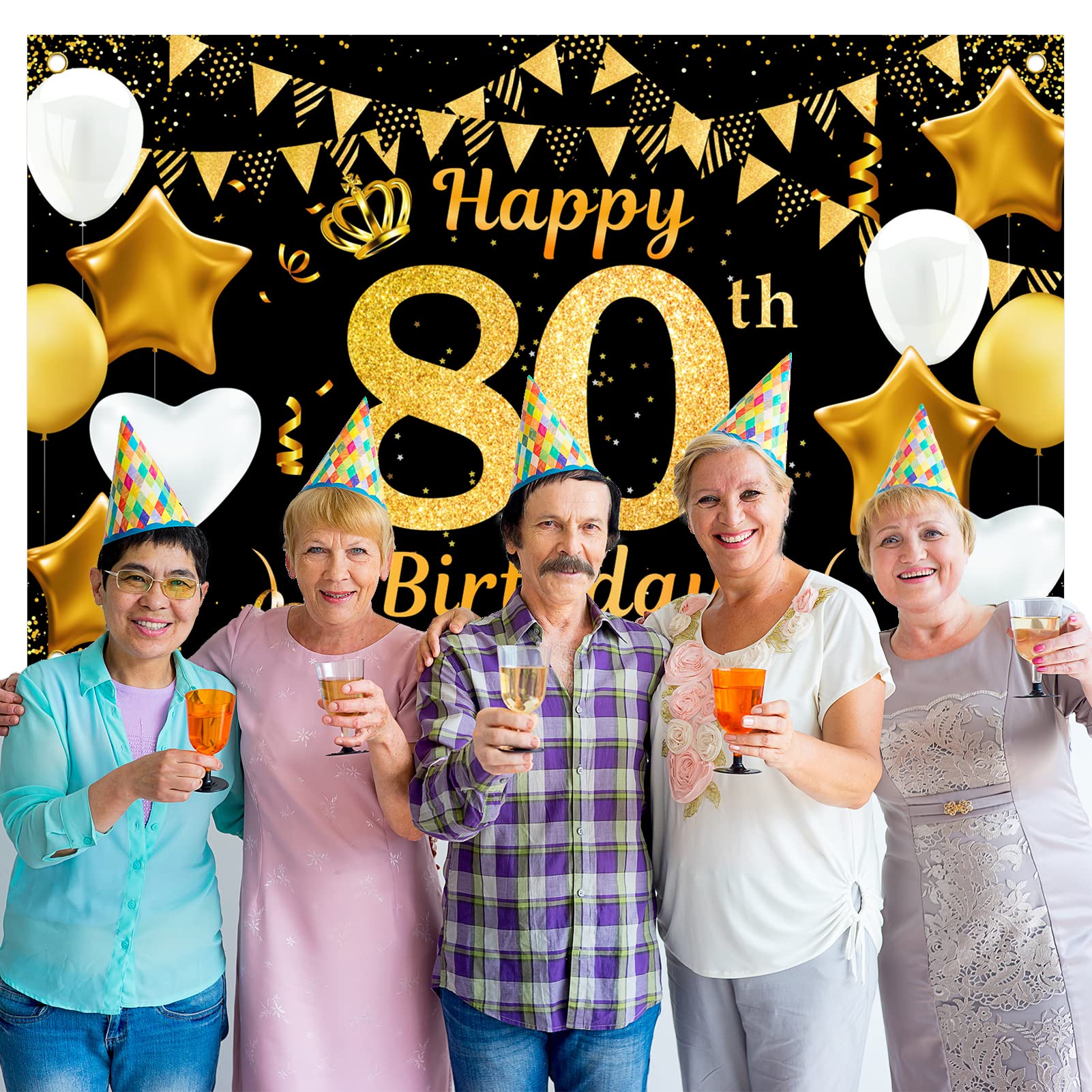 Qpout Extra Large 80th Birthday Backdrop Banner - 71 x 43.3 Inch Black & Gold Party Decoration for Men & Women | Cheers to 80 Years Celebration | Perfect for Milestone Birthday Parties, Anniversary Events & Photo Booths