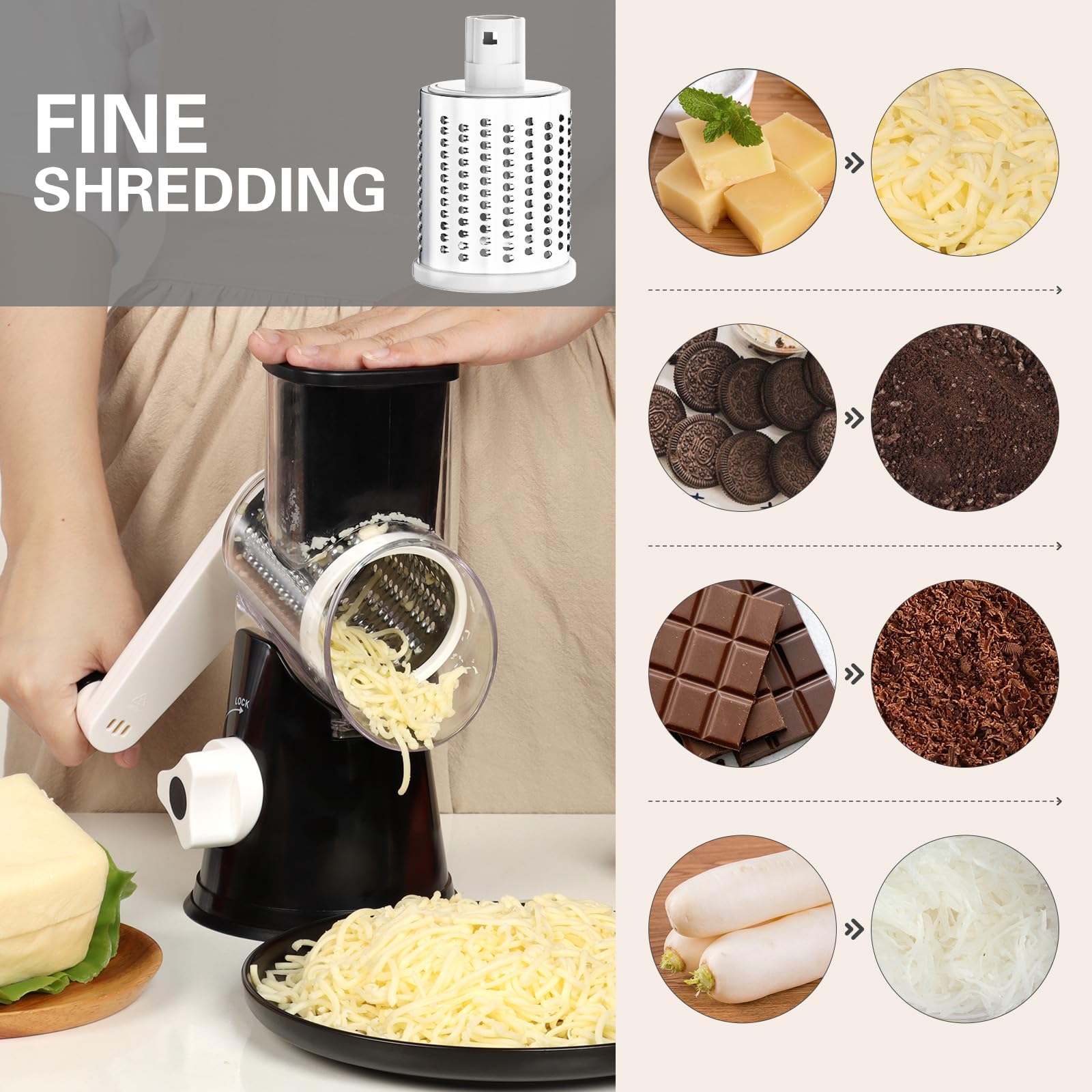 Cambom Rotary Cheese Grater - Hand Crank Cheese Shredder for Fresh Cheese, Vegetables & Nuts with Non-Slip Suction Base - Includes Free Cleaning Brush & 3 Blades (Black) - Perfect for Kitchen, Pizza Making & Food Prep