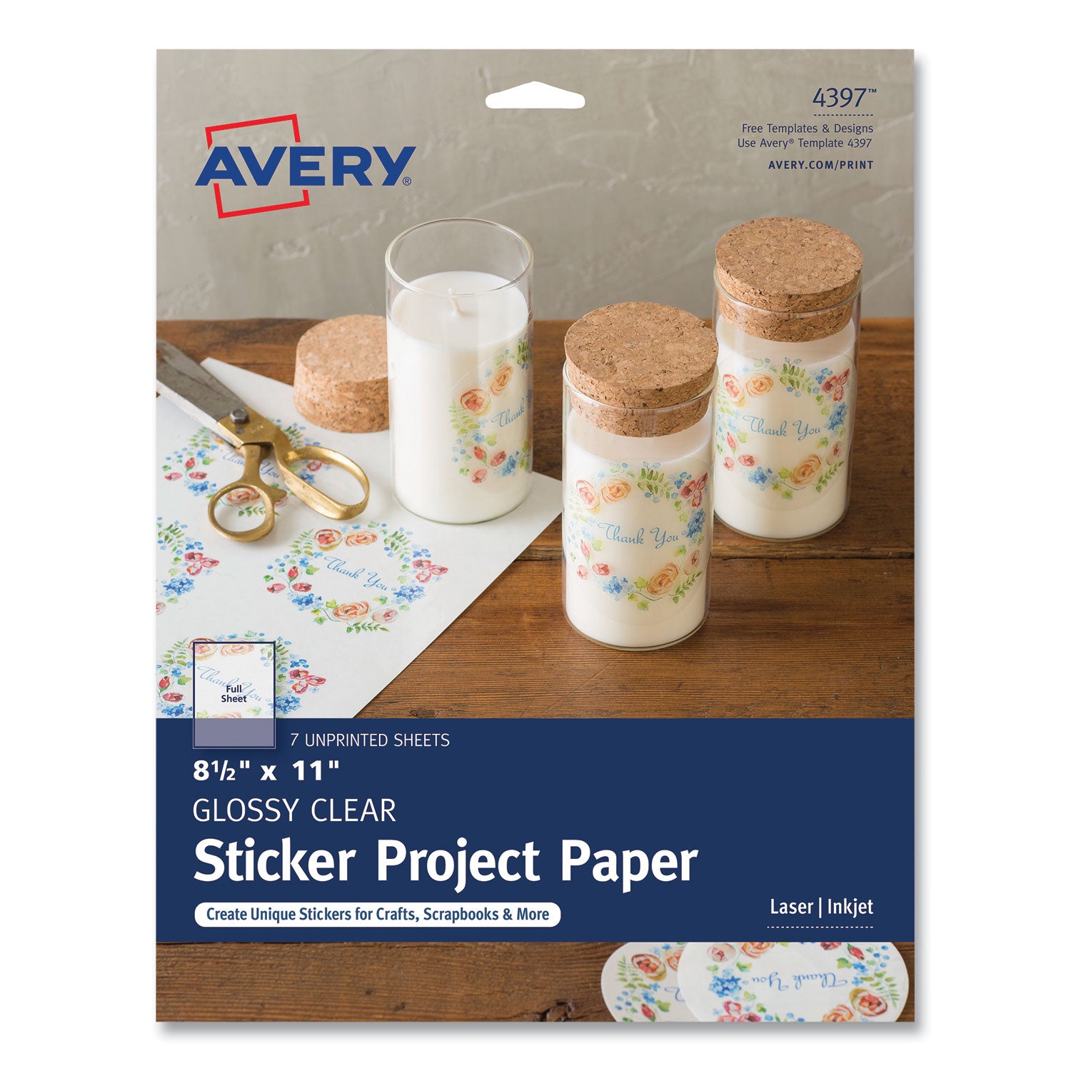 Avery® Multipurpose Sticker Project Paper - 11 x 8.5 Inch Glossy Clear Labels for Laser/Inkjet Printers - 1 Label per Sheet, 7 Sheets per Pack - Perfect for Shipping Labels, Product Packaging & Office Organization
