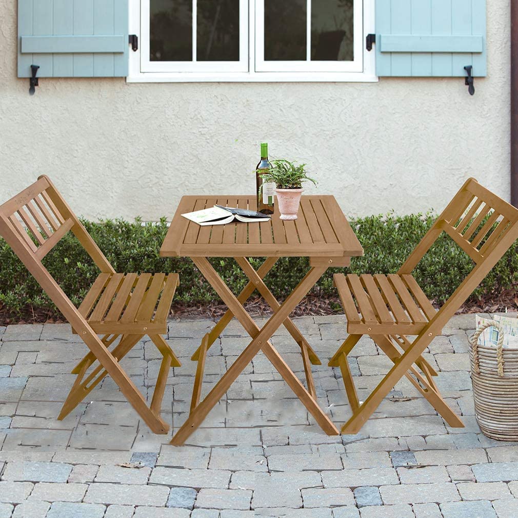 3Pcs Acacia Wood Folding Patio Bistro Set - Outdoor Wooden Conversation Set with Coffee Table & Chairs for Beach, Backyard, Garden - Modern Patio Furniture for Relaxing & Entertaining