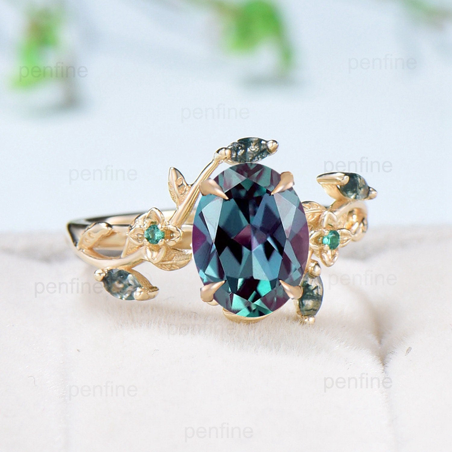 Alexandrite Ring for Women - Nature Inspired Cluster Emerald Marquise Cut Moss Agate Twig Branch Color Change Engagement Ring | Unique Fine Jewelry for Weddings, Anniversaries & Special Occasions