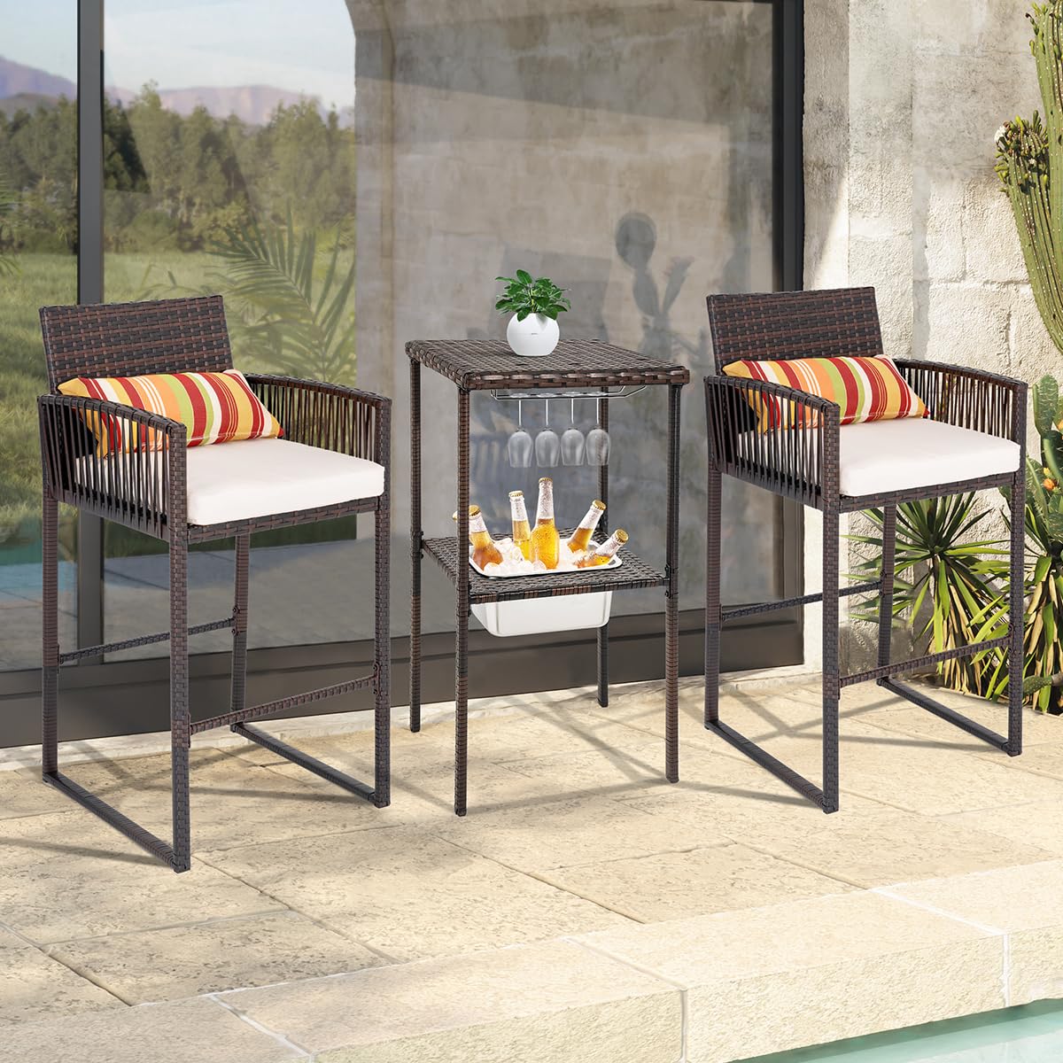 Sundale Outdoor 3-Piece Wicker Bar Set with 2 Stools, Glass Holder & Ice Bucket - Brown Rattan & Beige Cushions - High Top Bistro Dining for Patio, Garden, Poolside & Backyard Entertaining