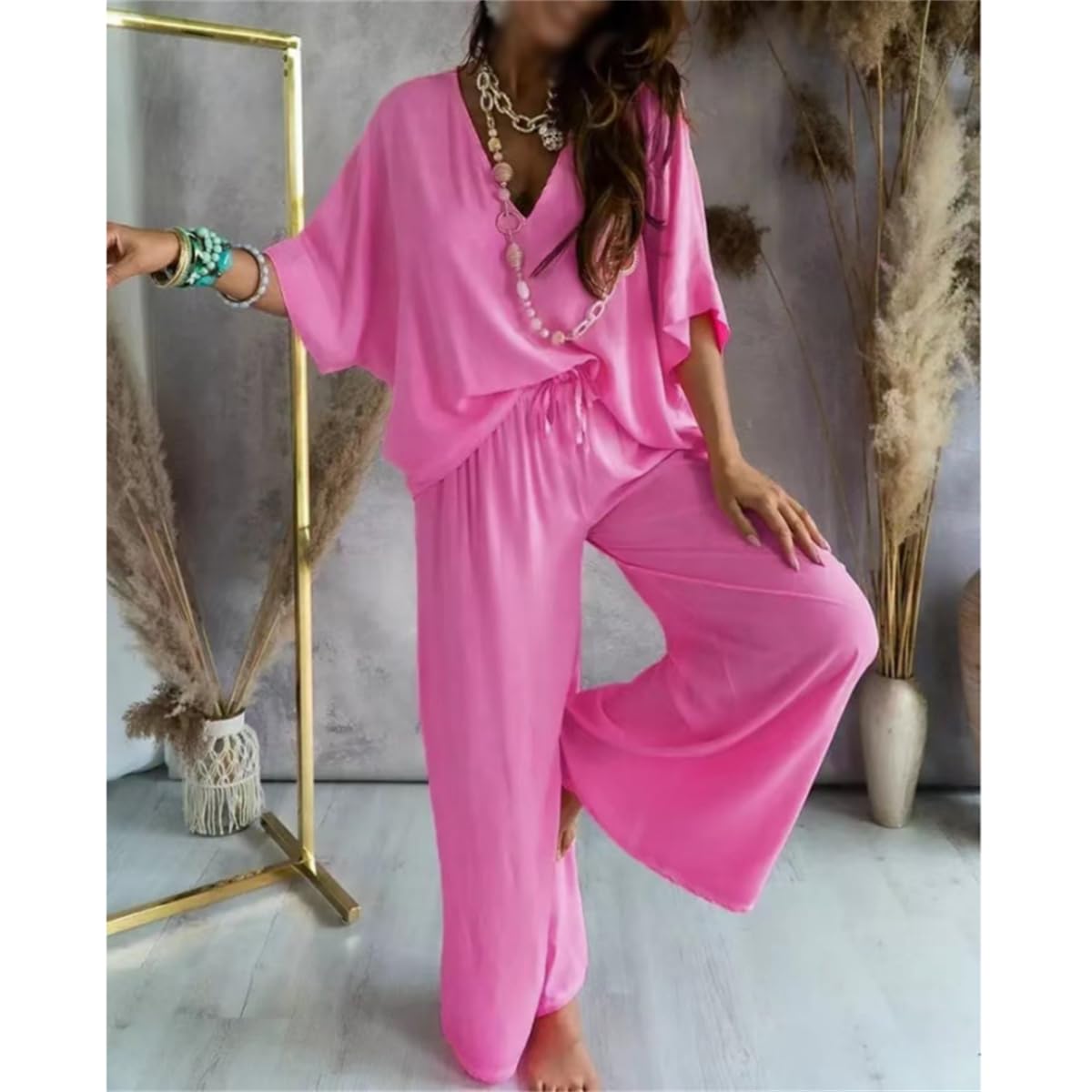 Women's Casual Loose Solid Color Suit Set - Comfortable V-Neck Lounge Pants Outfit for Home, Travel & Relaxation | Two Piece Pant Sets for Women