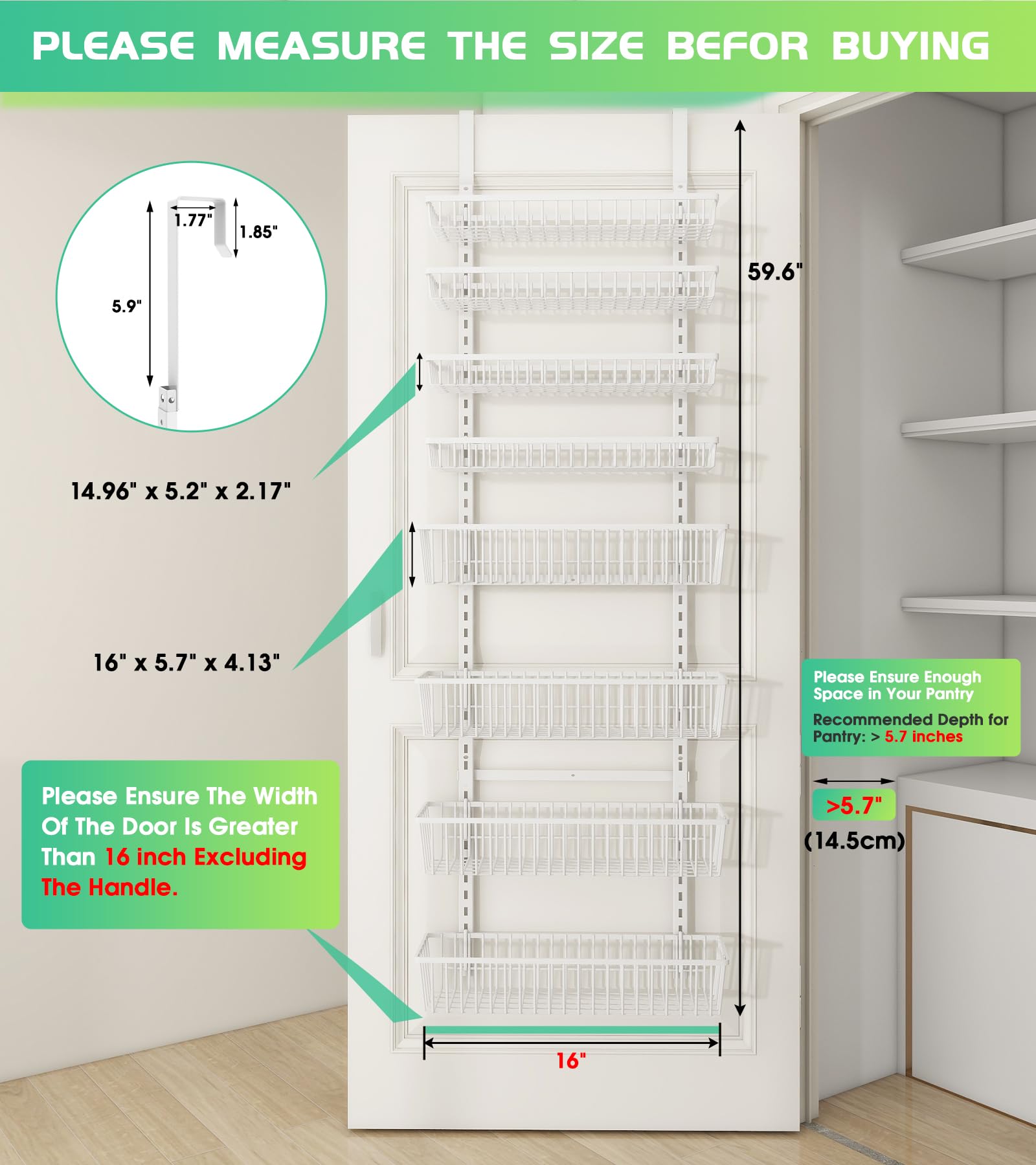 8-Tier Over The Door Pantry Organizer - Heavy-Duty Metal Hanging Storage Baskets for Spices, Seasonings & Kitchen Essentials - Space-Saving Wall Mount Shelves for Pantry, Laundry Room & Bathroom Organization (White) - Perfect for Small Spaces & Clutter-Free Home Storage