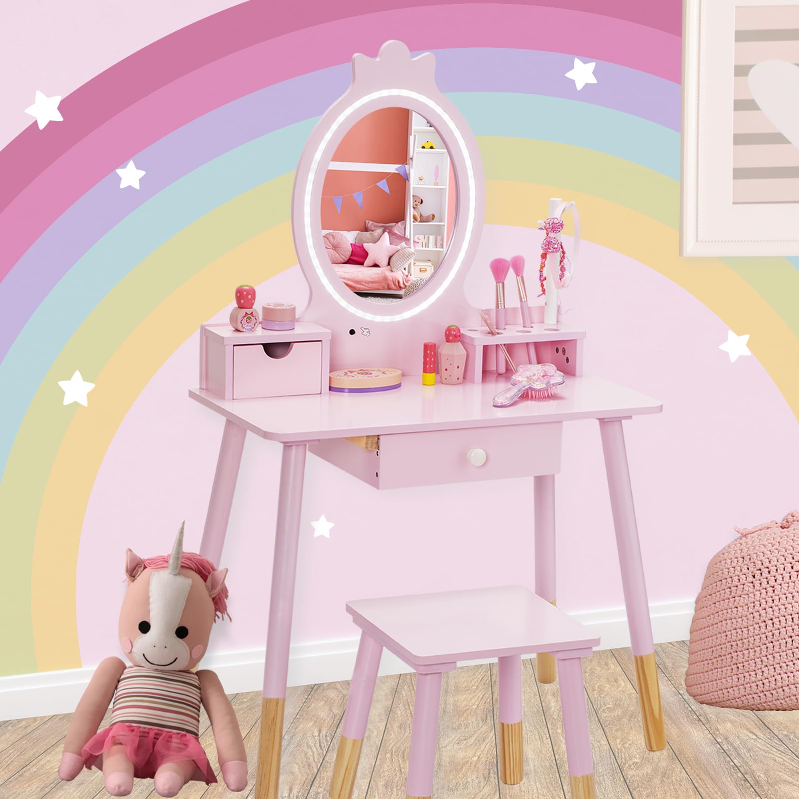 Wooden Princess Vanity Set with Table & Stool - Kids Makeup Dressing Desk with LED Lights, Mirror, Large Drawer & Jewelry Storage - 2-in-1 Pretend Play Set for Little Girls - Perfect for Bedroom Decor, Birthday Gifts & Role Play Activities