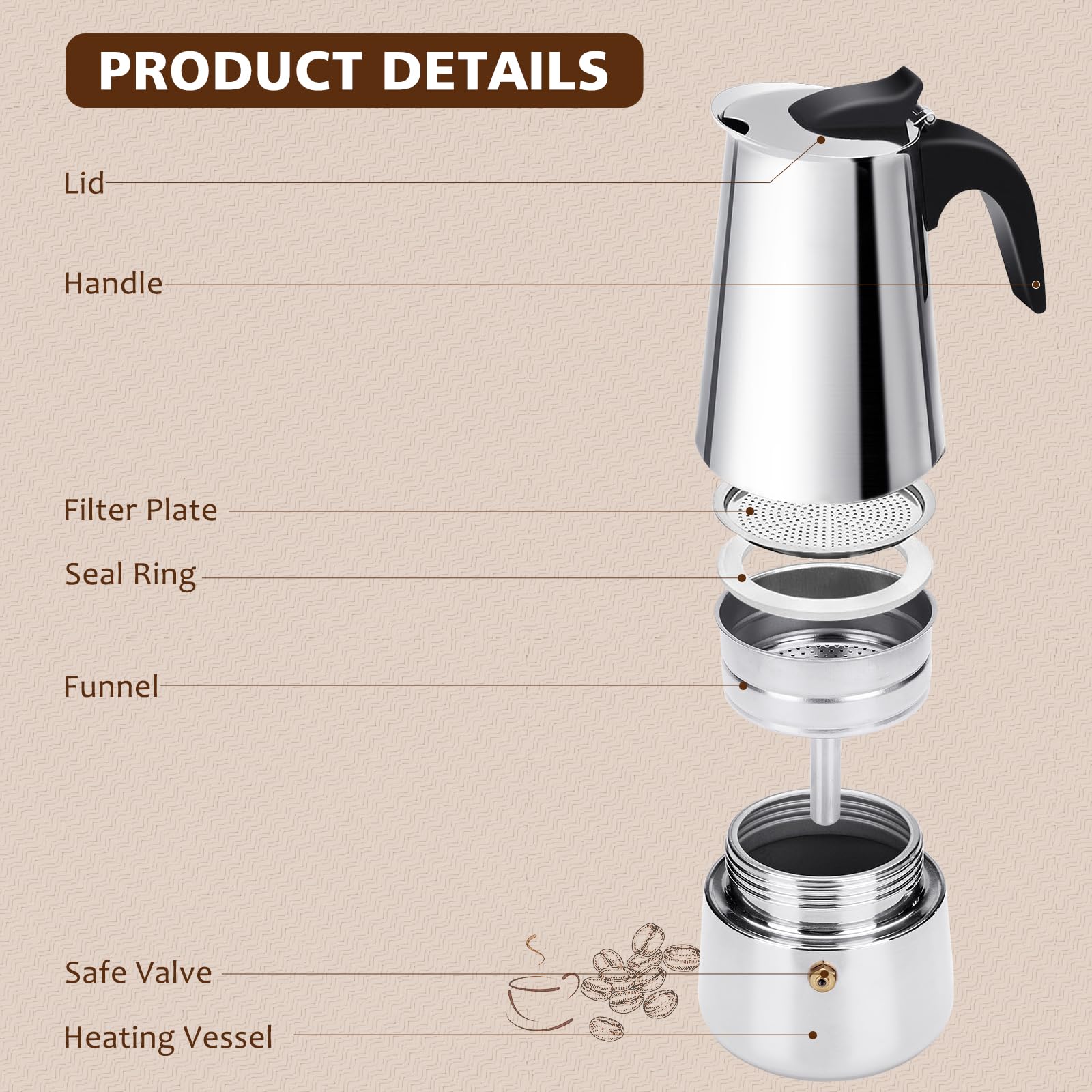 Stovetop Espresso Maker - 9 Cup Moka Pot Italian Coffee Percolator, 450ml/15oz Stainless Steel Espresso Machine for Induction Cooktops & Gas Stoves - Perfect for Home Brewing, Camping & Gifts