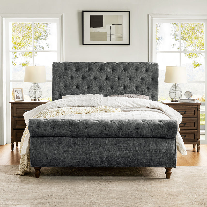 Deirdre Upholstered Sleigh Platform Bed - Queen Size with Solid Wood Frame & Luxe Fabric Headboard - Perfect for Modern Bedroom & Guest Room Decor