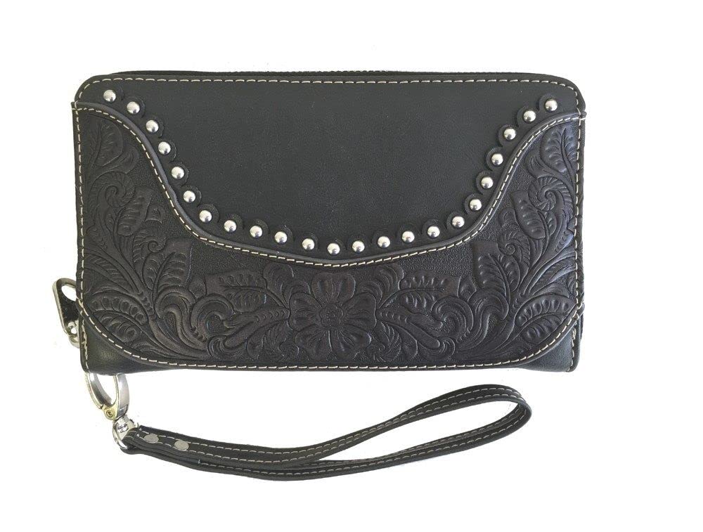 Montana West Concealed Carry Tooled Leather Shoulder Purse - Gun Concealment Bag with Matching Wallet for Women & Men (Black) | Perfect for Everyday Carry, Travel, and Outdoor Activities