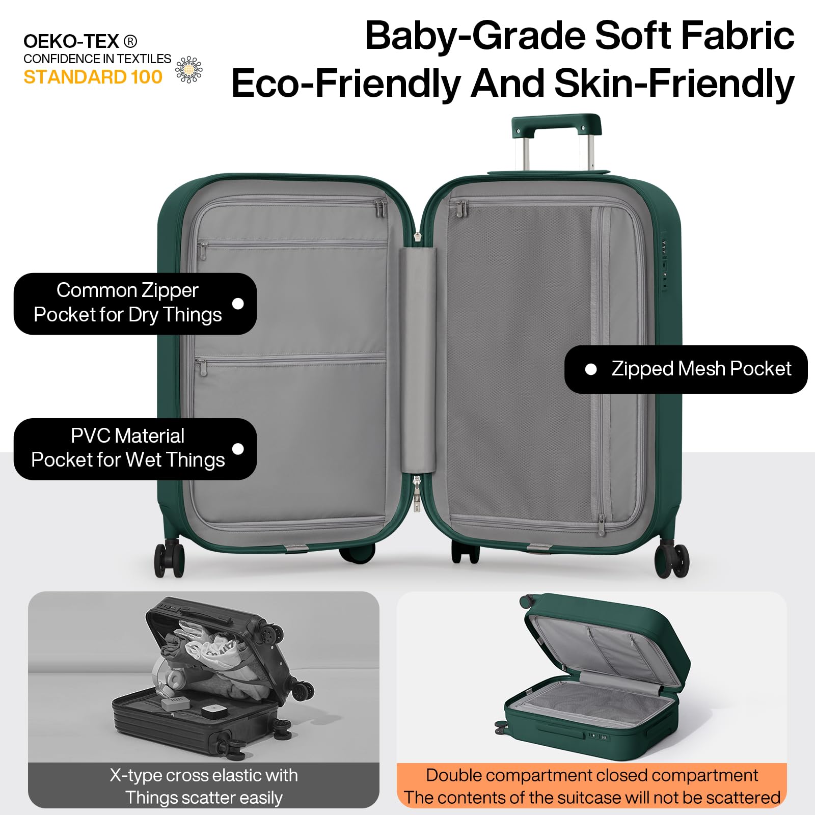 20 Inch Mixi Hard Shell Spinner Carry On Luggage with Cup & Phone Holder - Blackish Green Rolling Travel Suitcase for Business Trips & Weekend Getaways