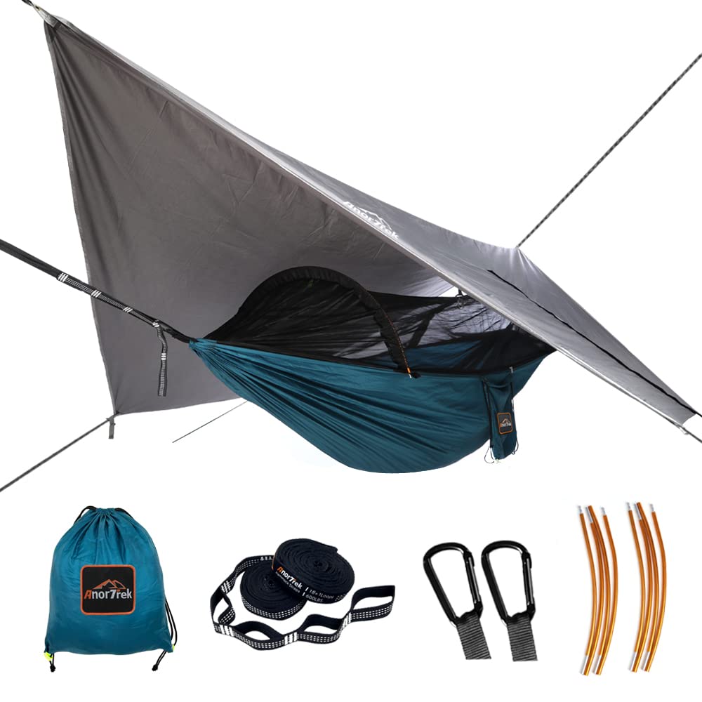 Portable Double Camping Hammock with Mosquito Net & Waterproof Rain Fly - 230T Nylon Hammock with 2 Tree Straps for Hiking, Backpacking & Outdoor Adventures - Perfect for Backyard, Beach & Forest Camping (Blue)