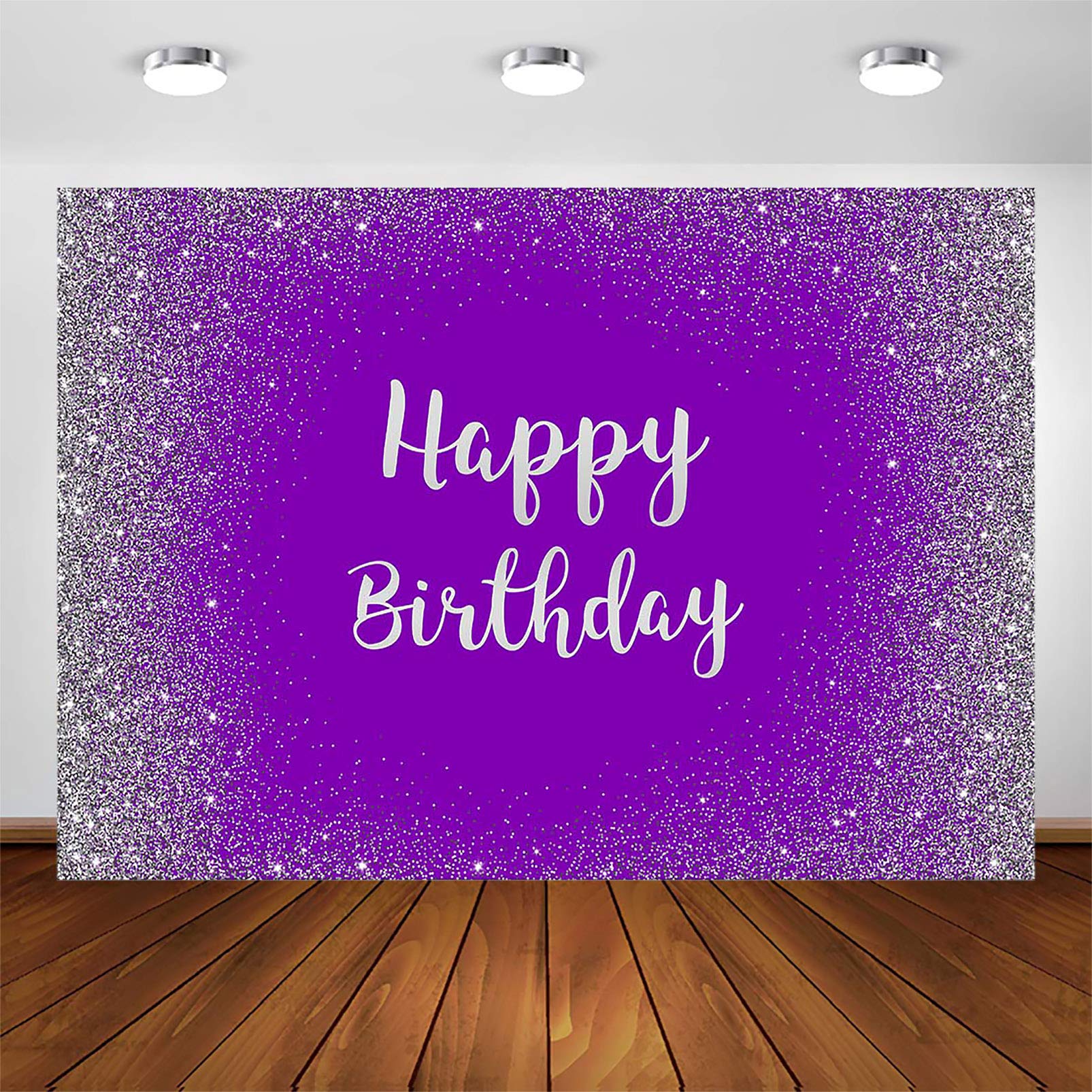 Happy Birthday Backdrop for Girls & Women - 7x5ft Purple Silver Glitter Dot Sparkle Photography Background - Perfect for Birthday Parties, Photobooth Decorations & Adult Celebrations