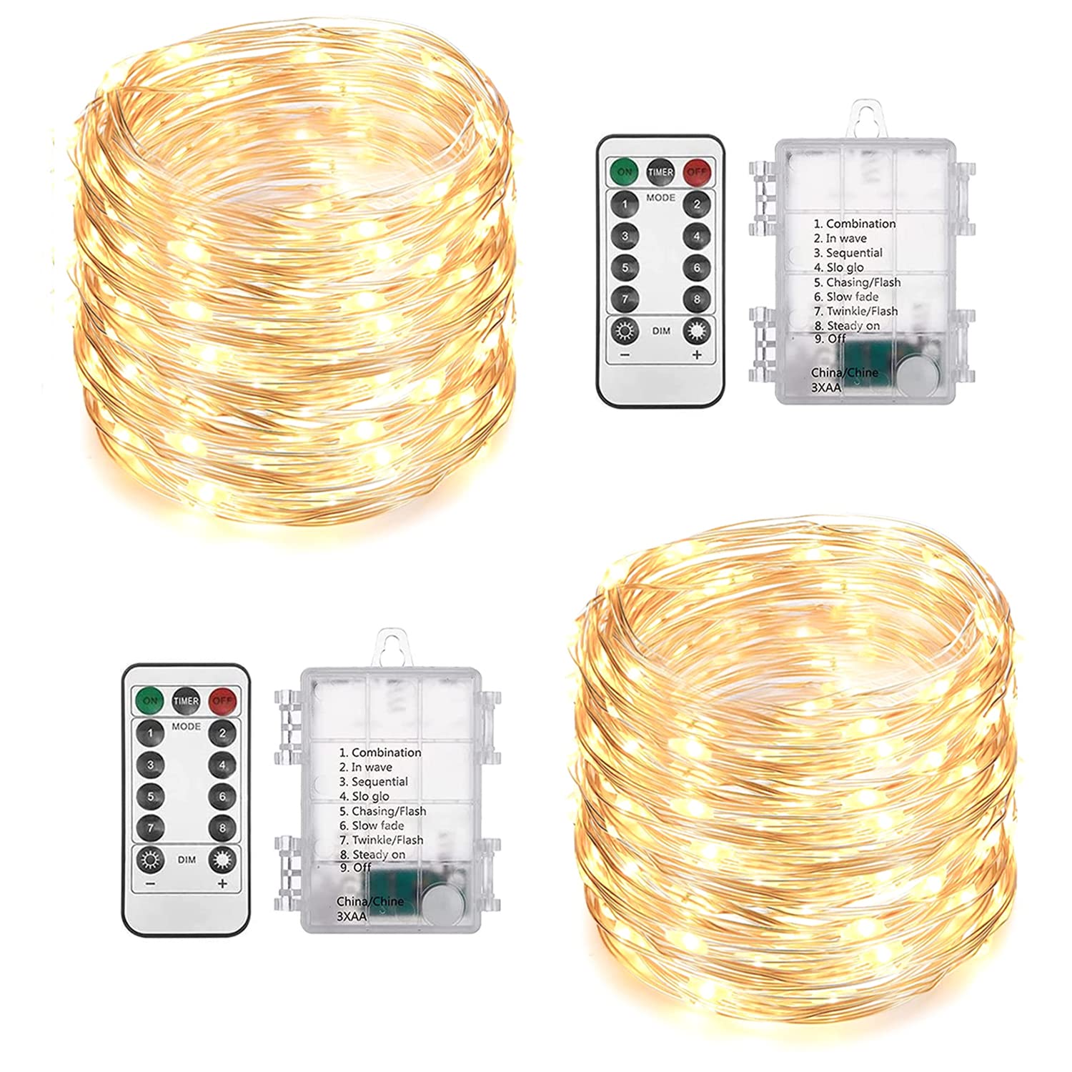 2 Pack 200 LED Fairy Lights Battery Operated String Lights with Remote & 8 Modes - 33FT Waterproof Copper Wire Twinkle Lights for Christmas, Wedding, Party, Garden, Patio, Bedroom, Outdoor & Indoor Decor (Warm White)